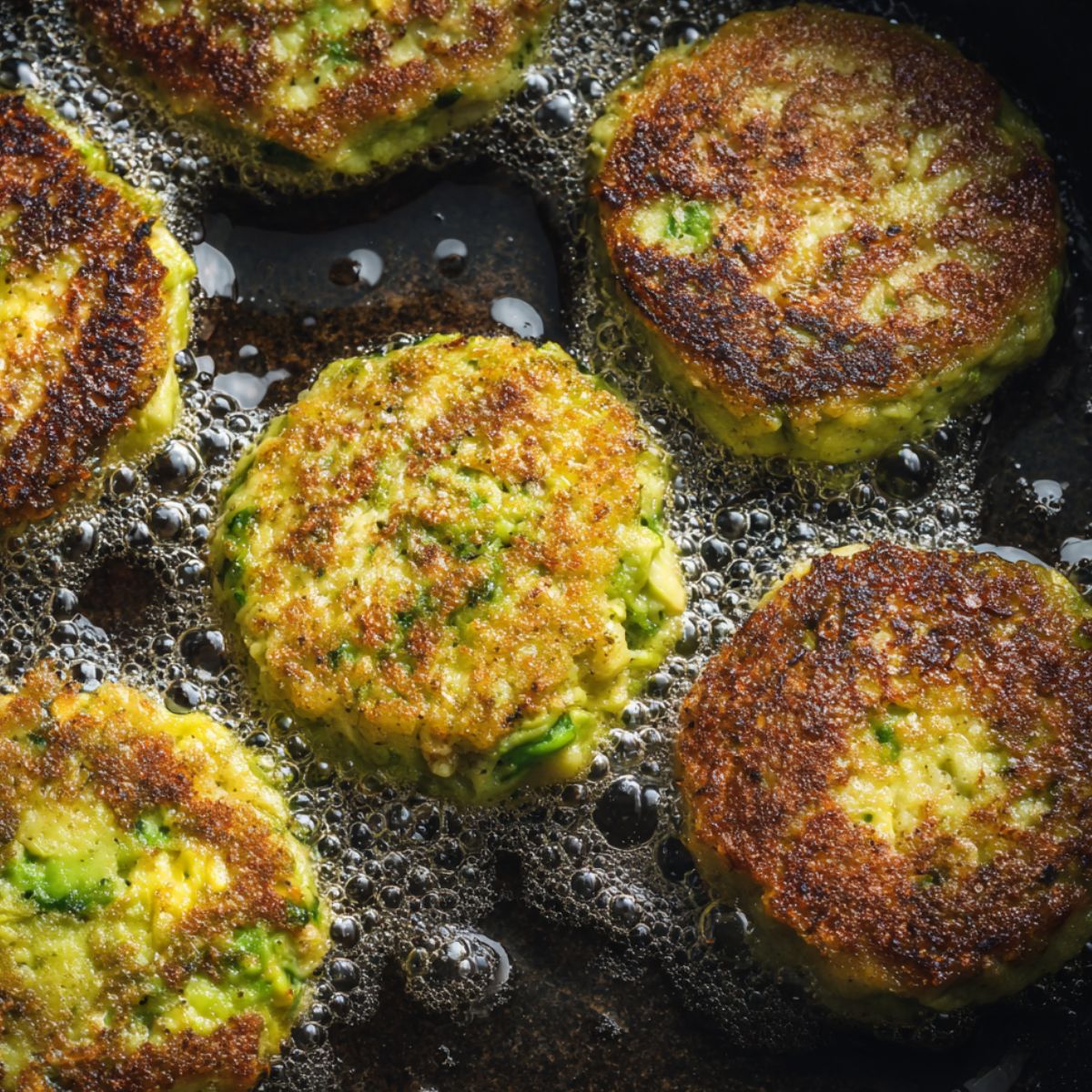 Avocado patties cooking in a skillet until golden brown.