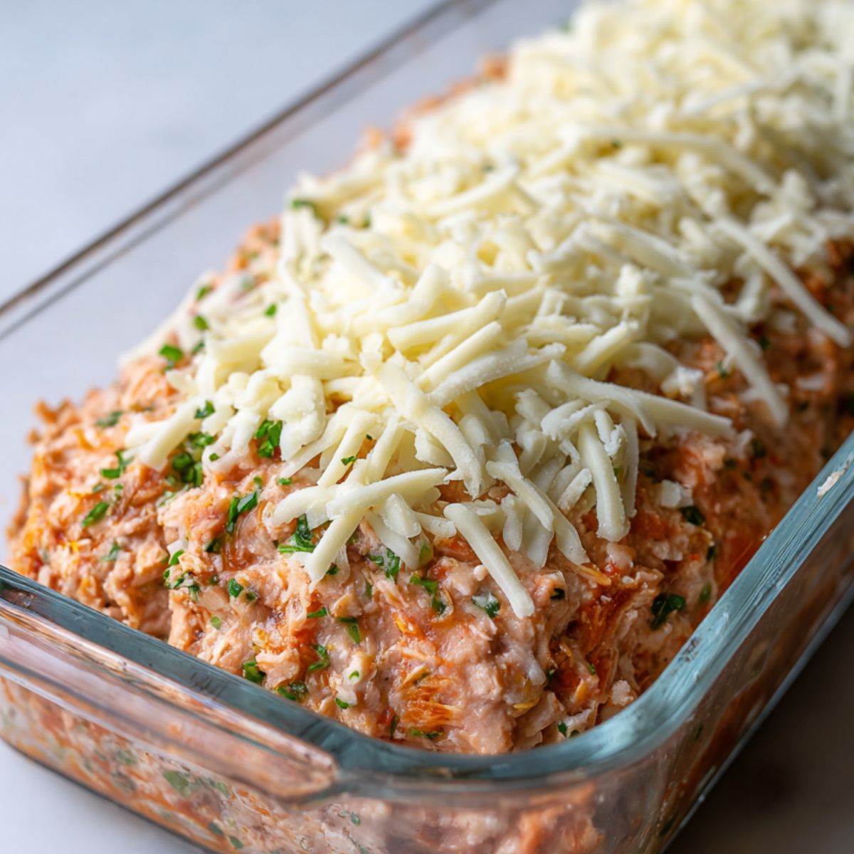 Layer of shredded cheese on top of raw meat in loaf pan