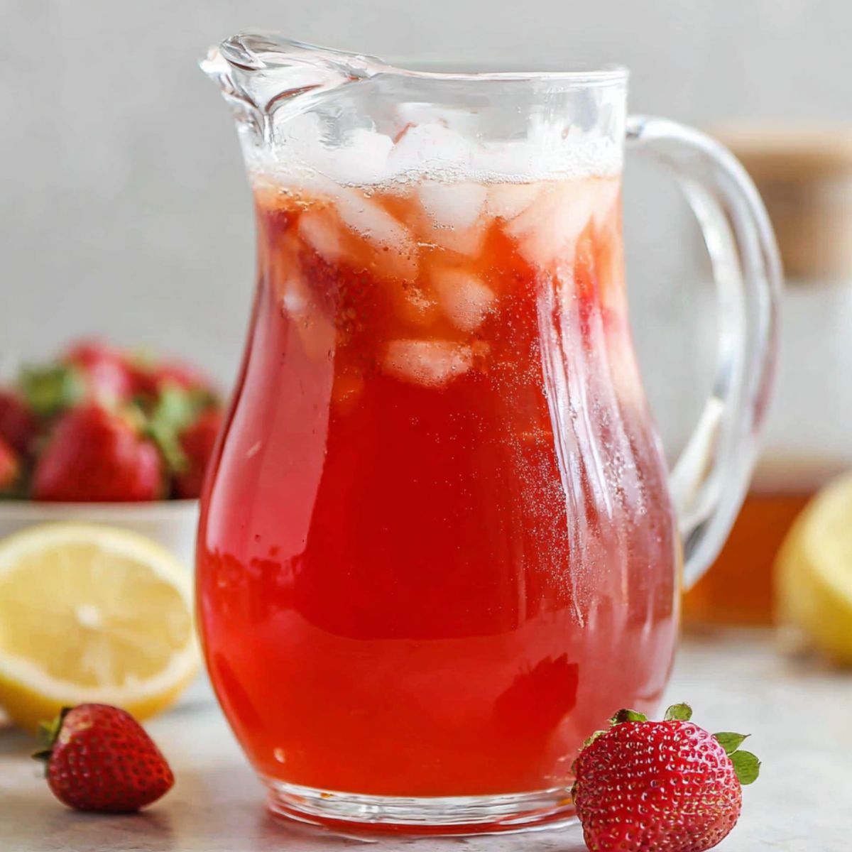 Pouring homemade strawberry syrup into a large pitcher of tea on a kitchen counter