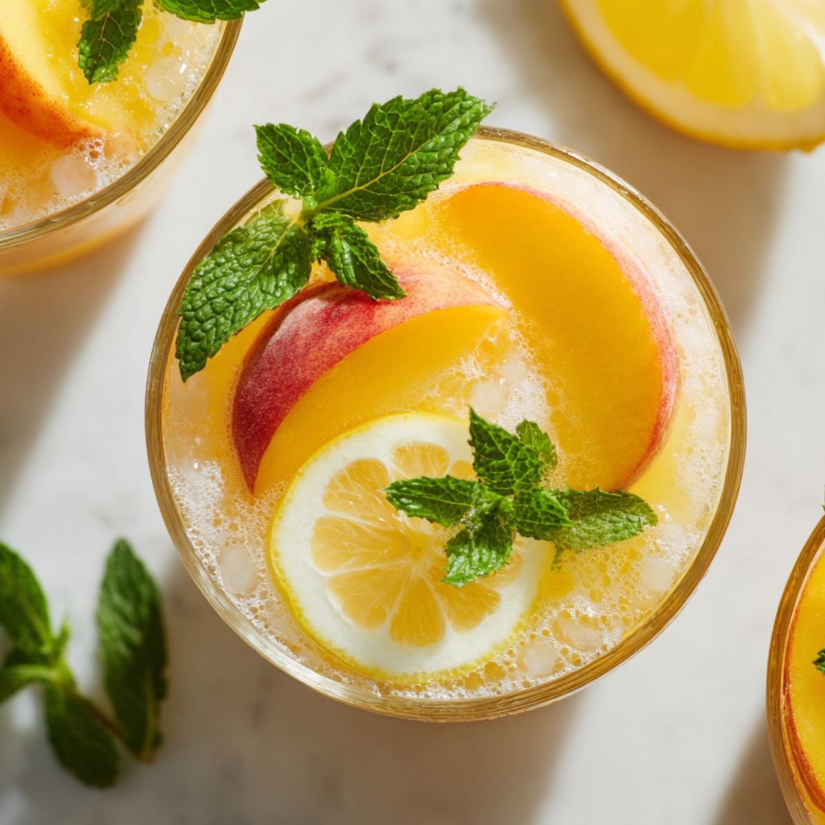 Glasses of garnished beach peach lemonade ready to serve