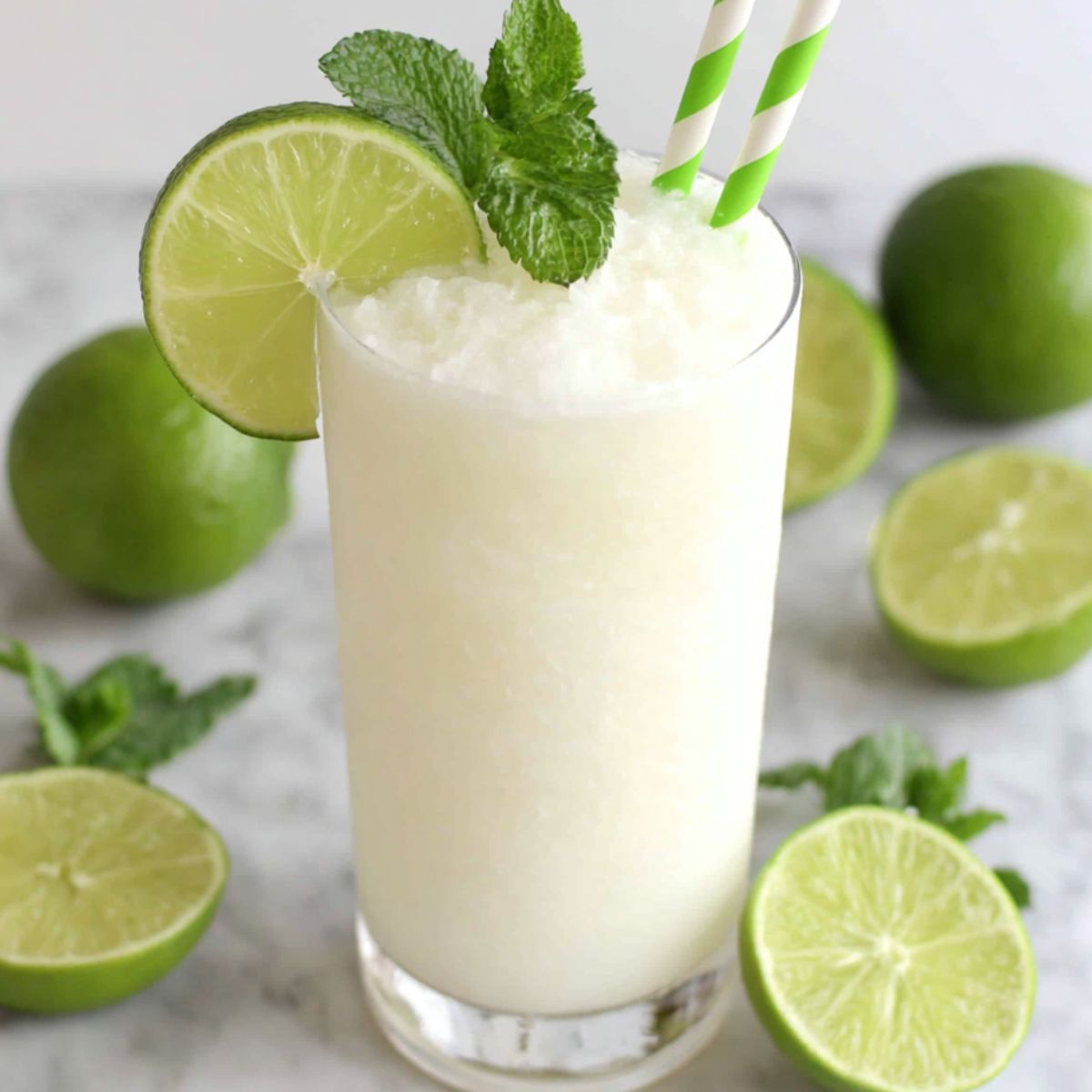 Glass of chilled coconut limeade with lime and mint on a white counter