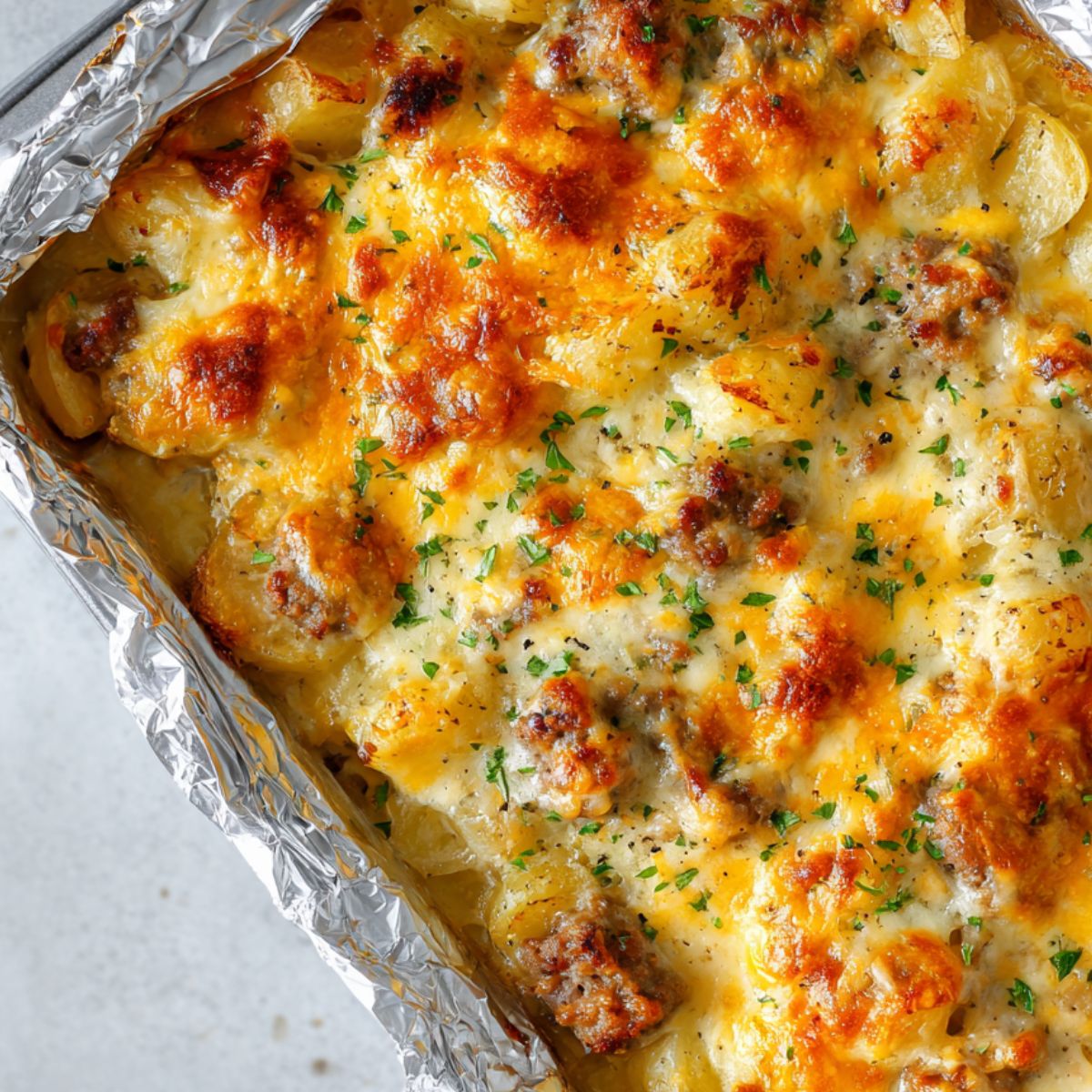 Golden melted cheese on top of cheesy ranch potatoes and smoked sausage