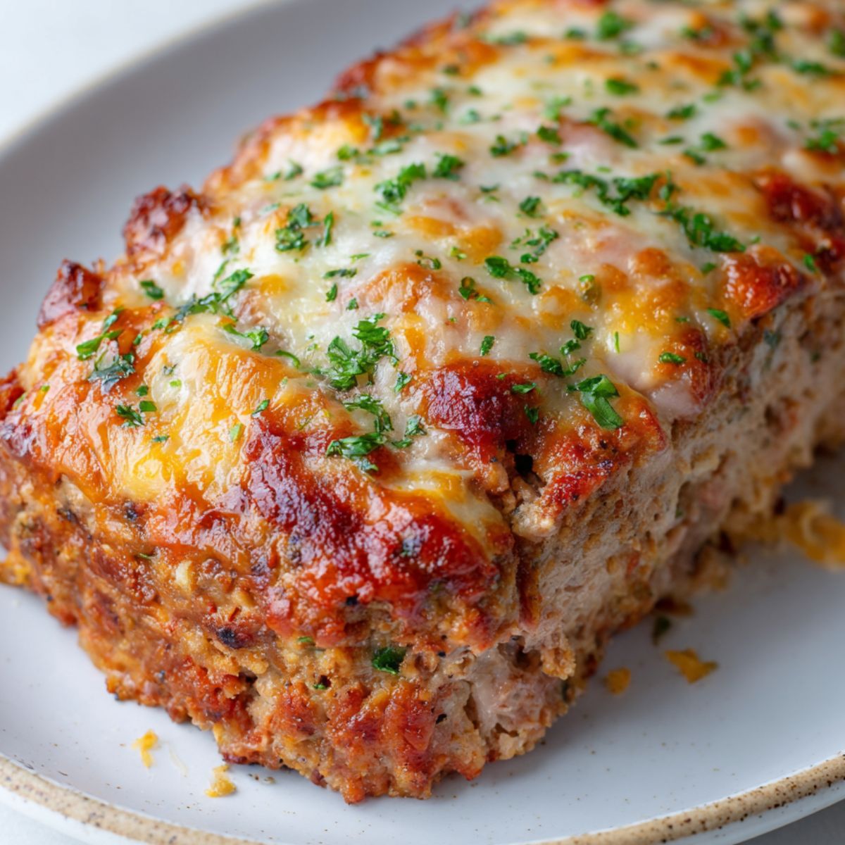 Freshly baked golden meatloaf cooling in pan with melted cheese
