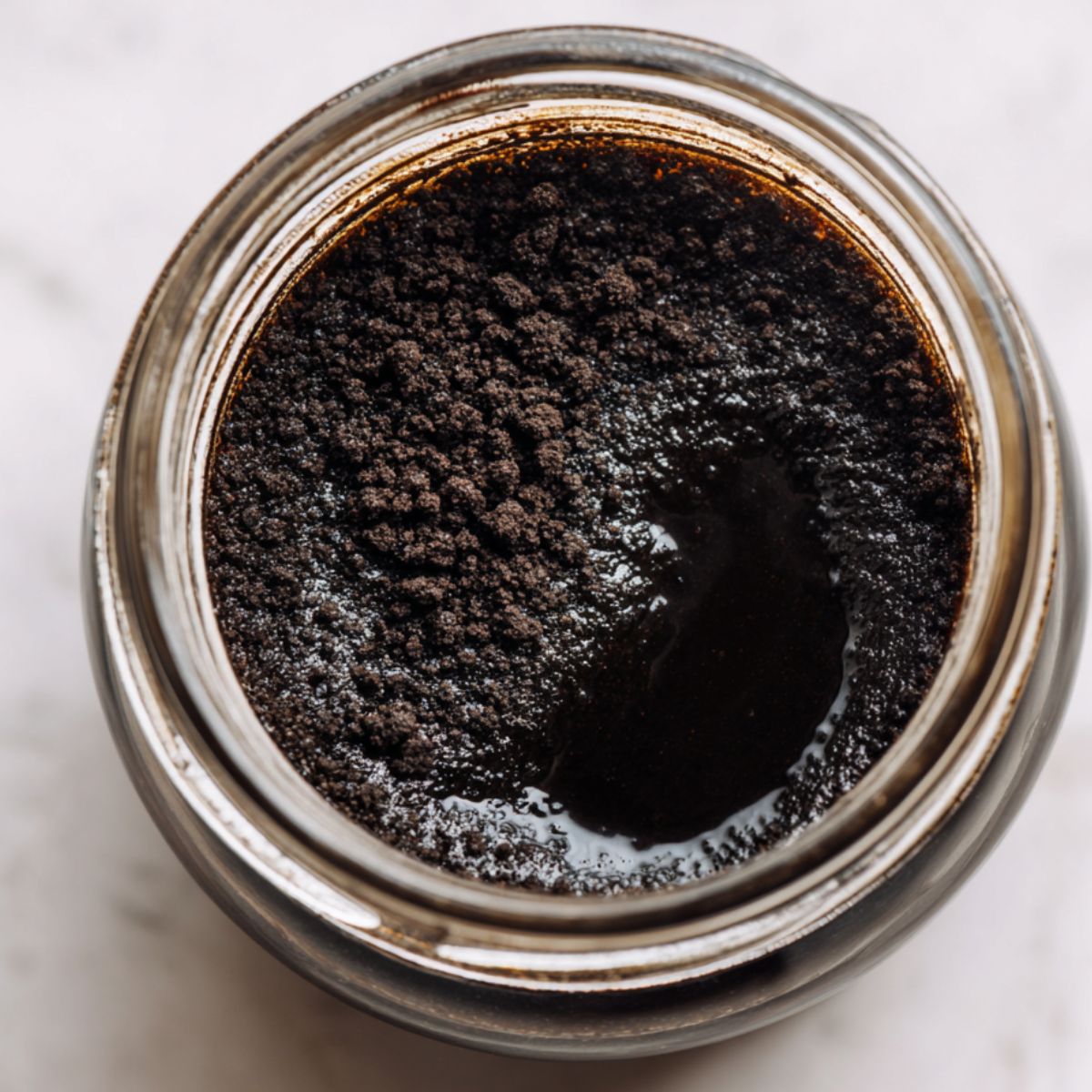 Jar of Oreo cookie butter on a white kitchen counter.