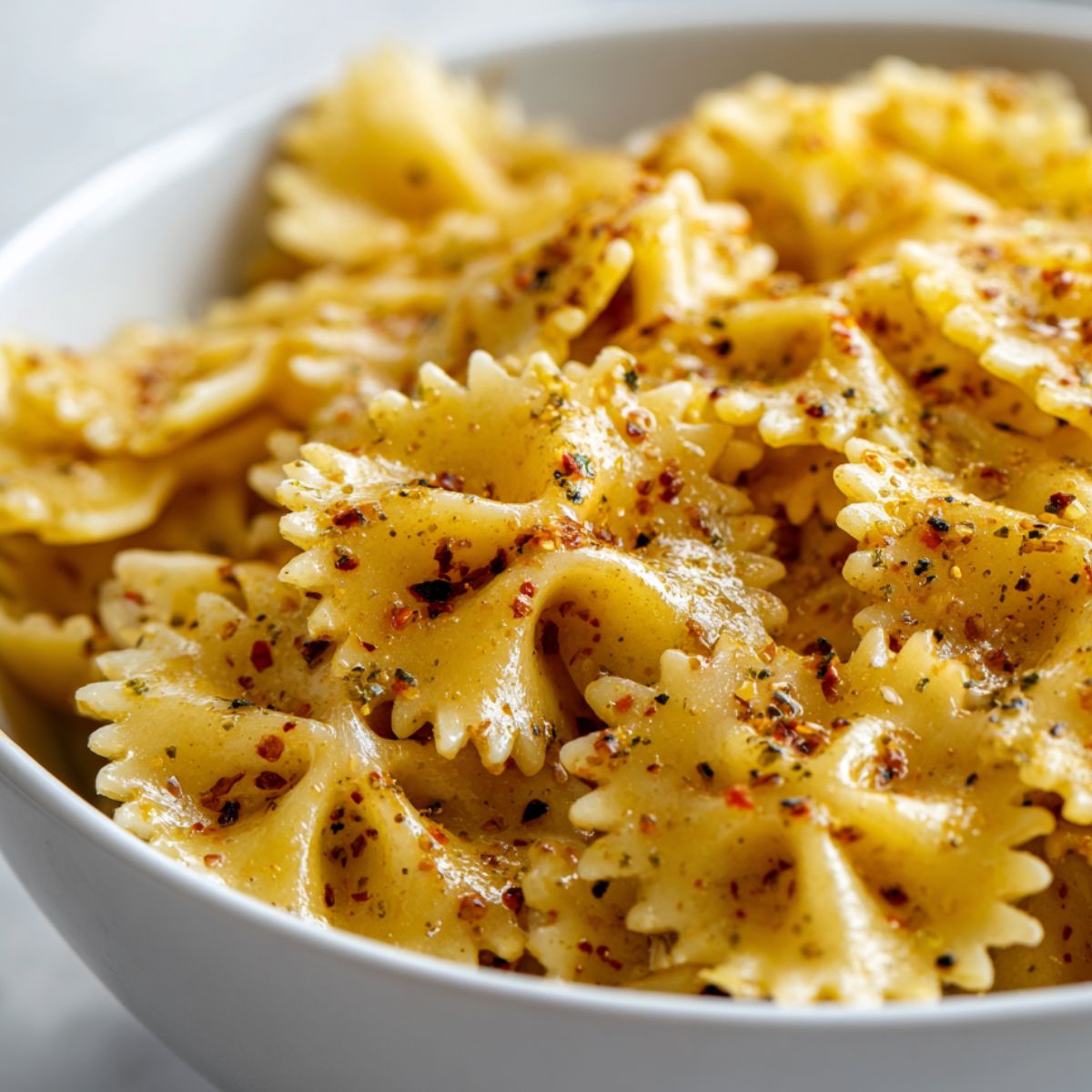 Seasoned bow tie pasta being tossed with olive oil and spices in a mixing bowl.