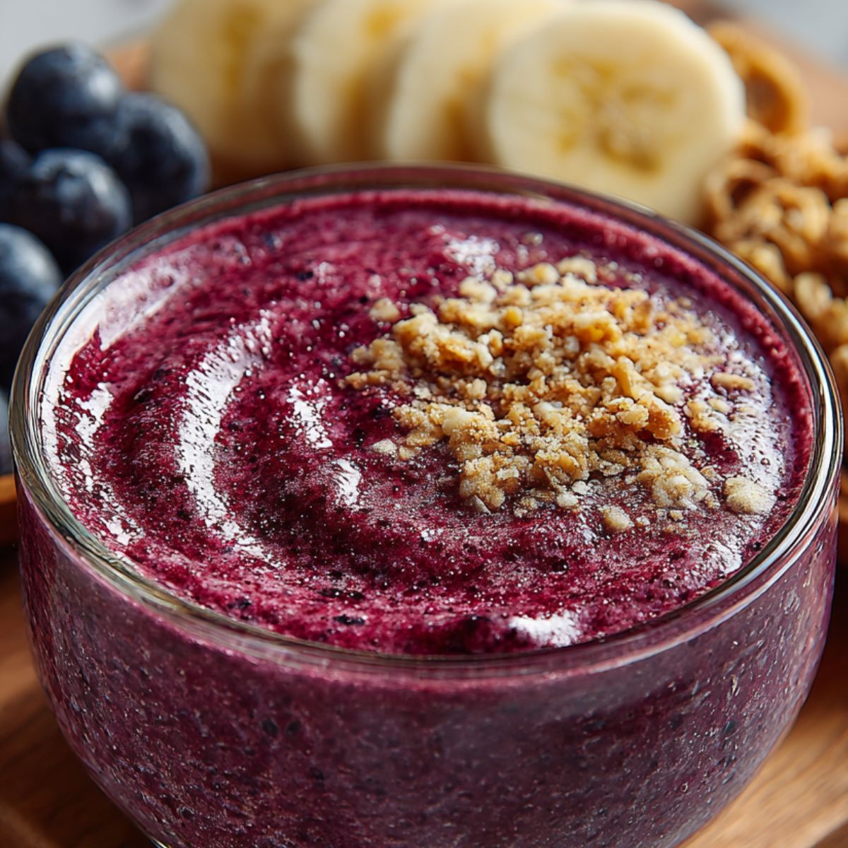 Topping an acai bowl with fresh fruits and seeds at home