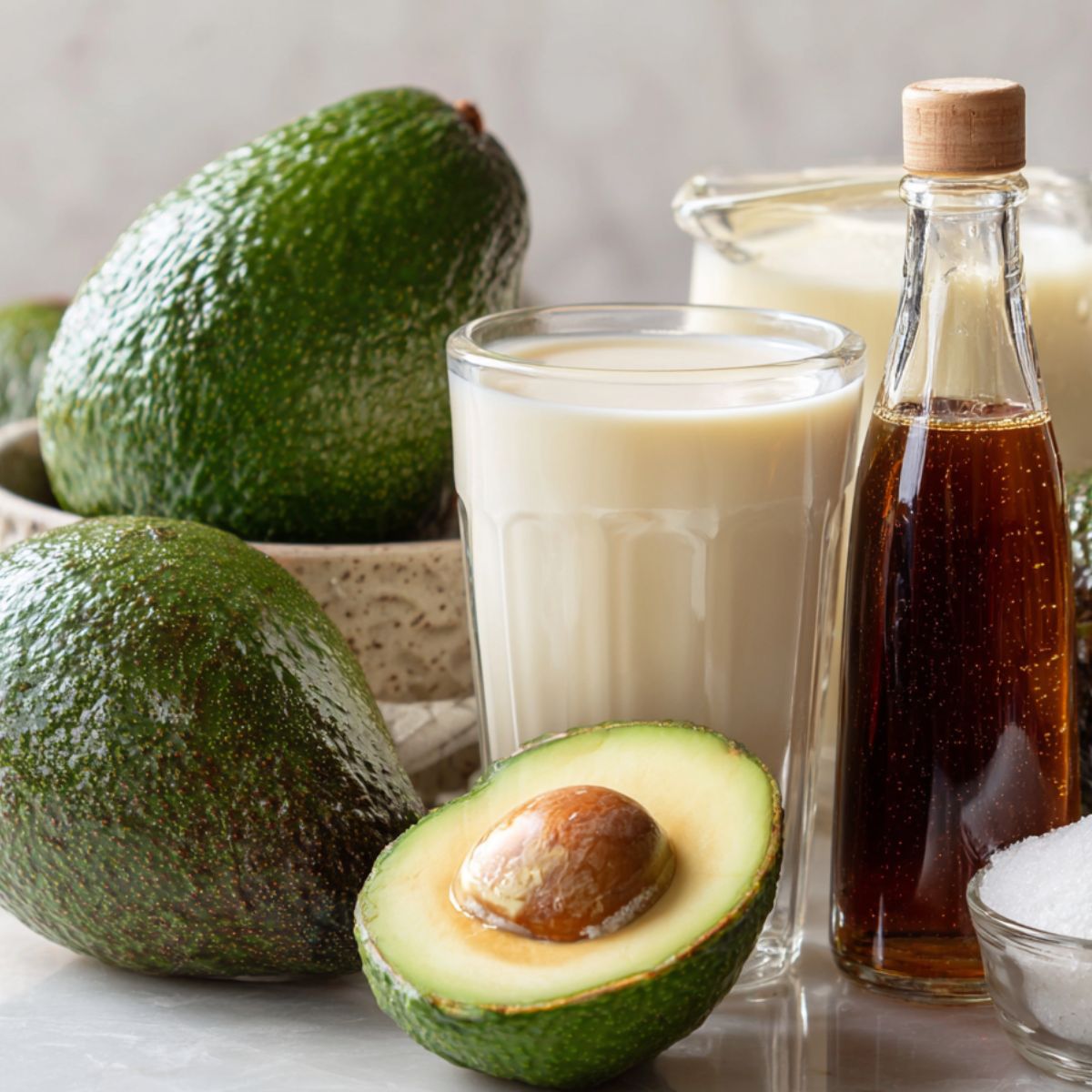 All ingredients for Vietnamese avocado smoothie laid out on a kitchen counter