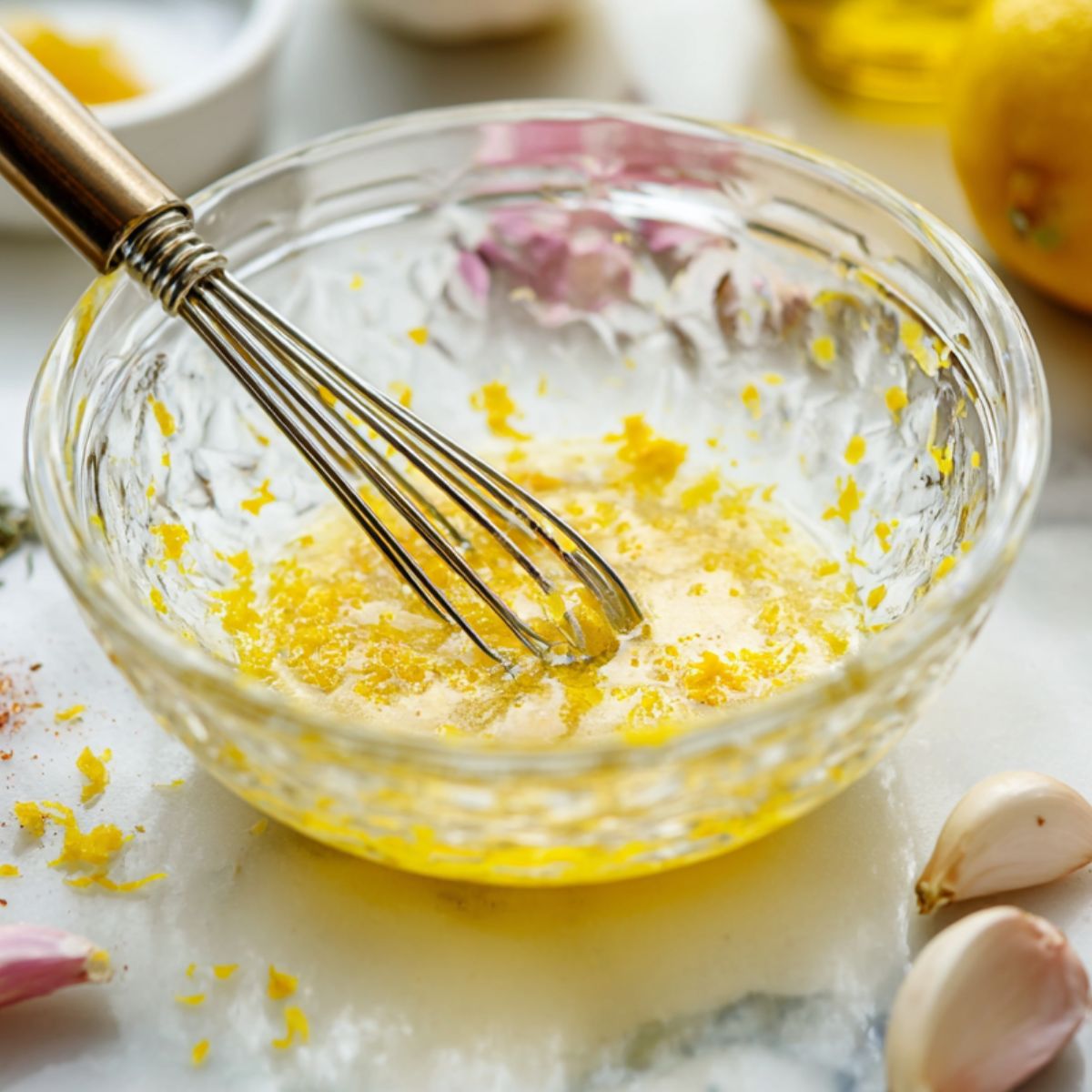 Lemon vinaigrette being whisked in a small glass bowl