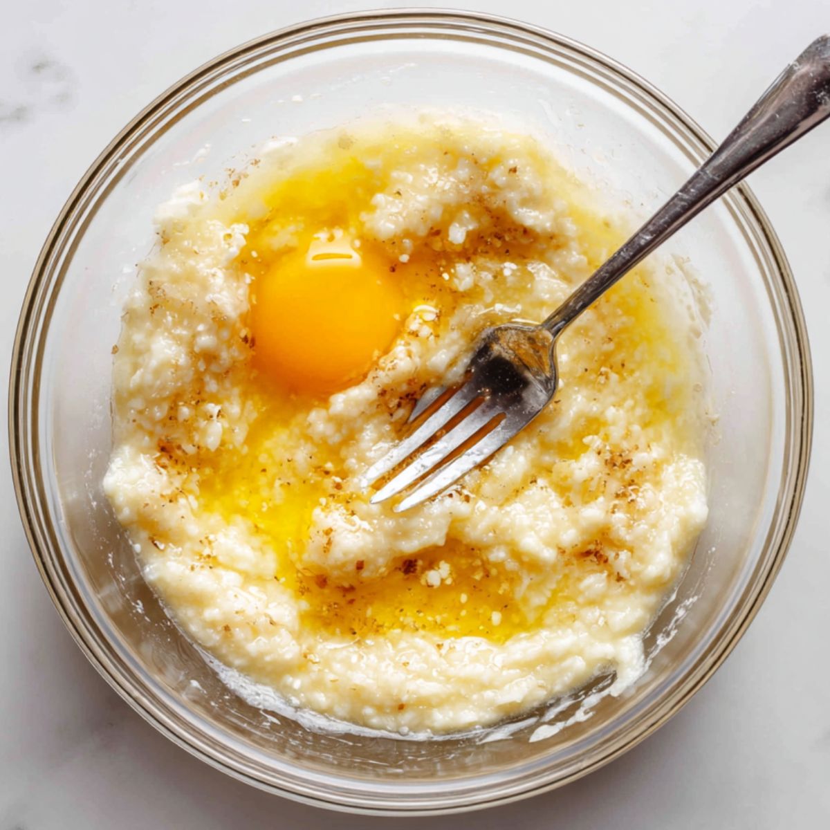 Wet ingredients being mixed with a fork in a large bowl