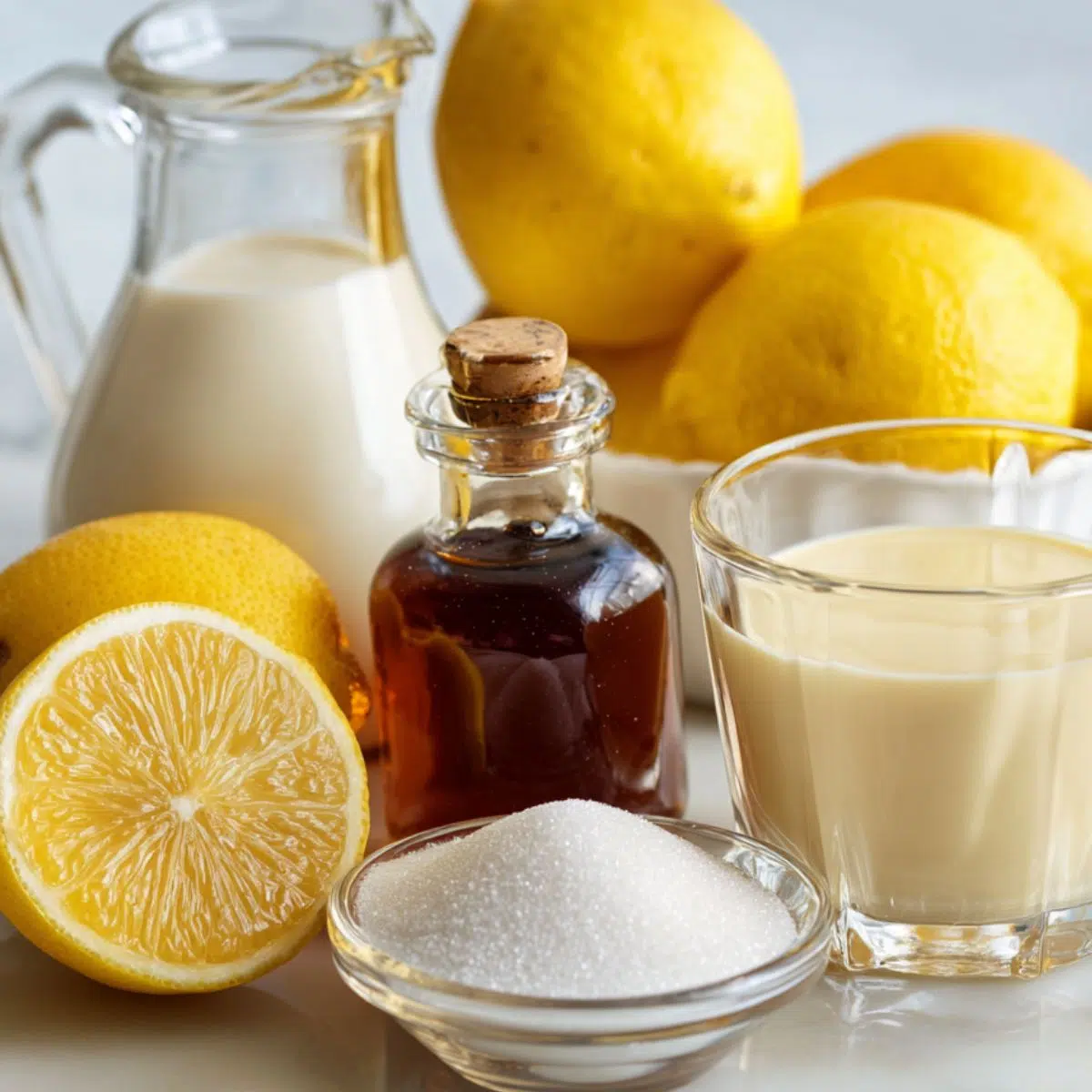 Fresh lemons, cream, sweetened condensed milk, sugar and vanilla extract scattered casually on a kitchen counter