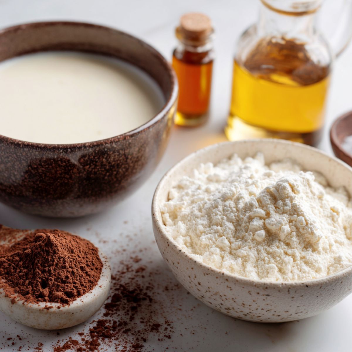 Top-down view of ingredients for whipped chocolate cream, casually arranged on a kitchen counter.