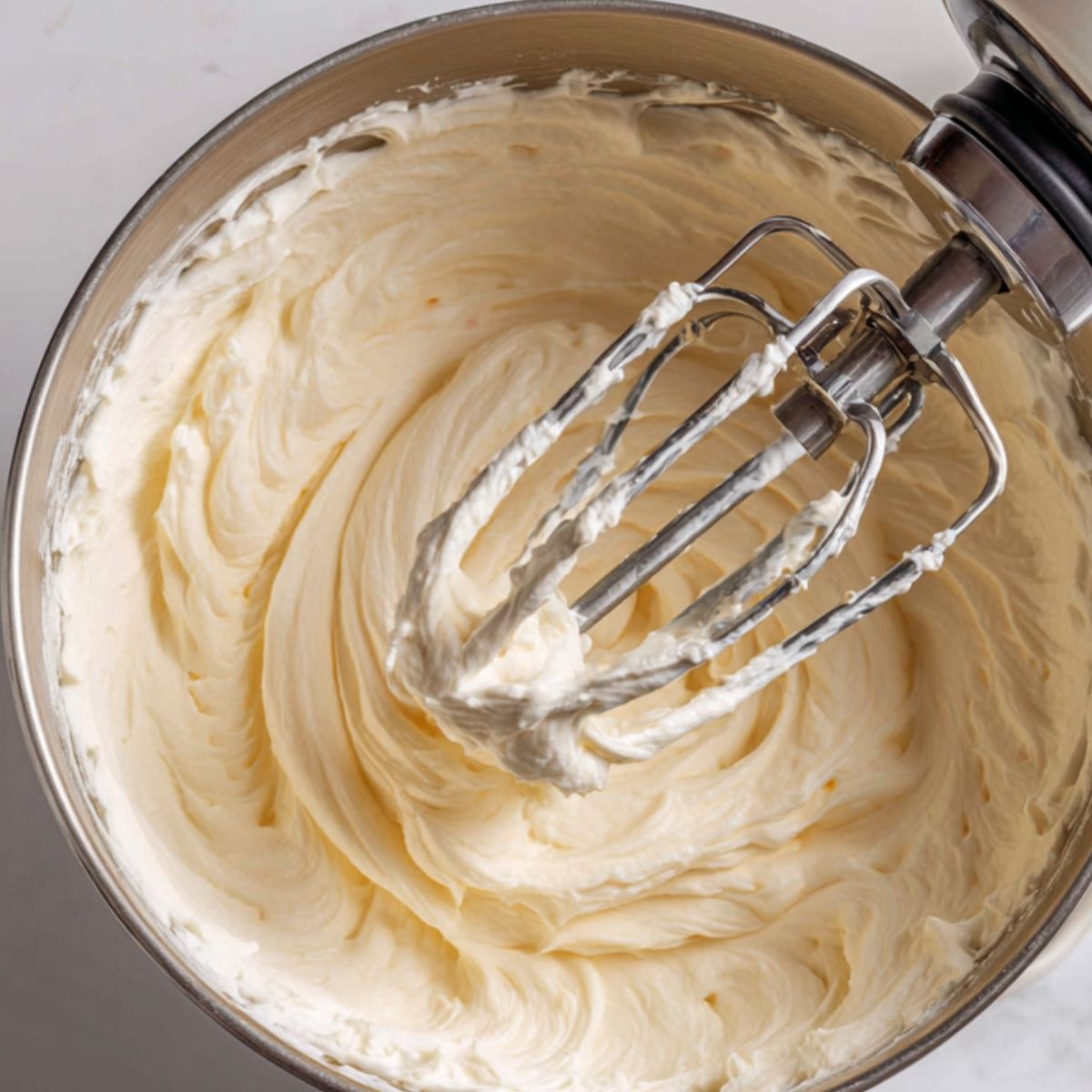 Whipped cream in a large bowl with soft peaks forming, electric mixer beside it
