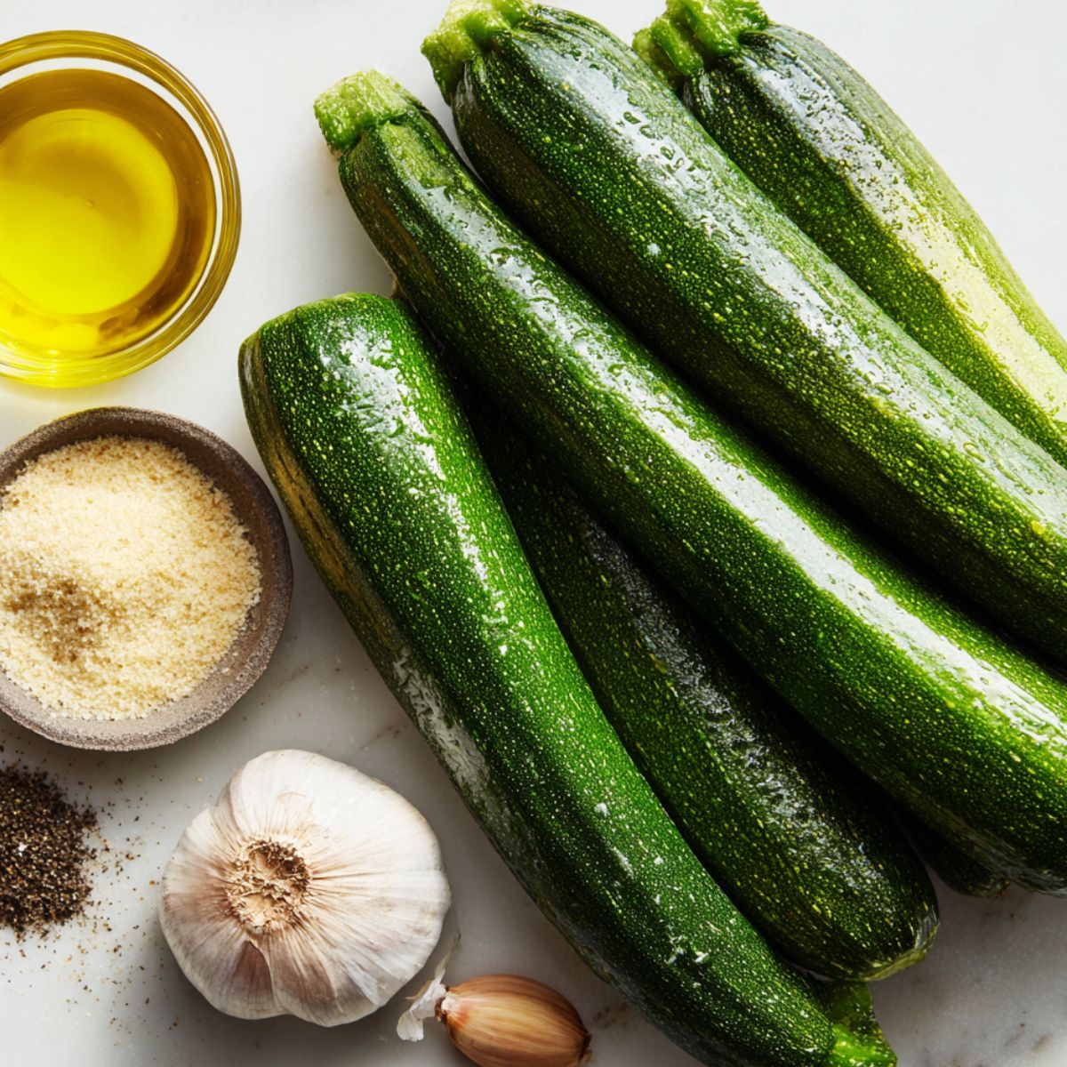 Ingredients for homemade zucchini chips on a white countertop

