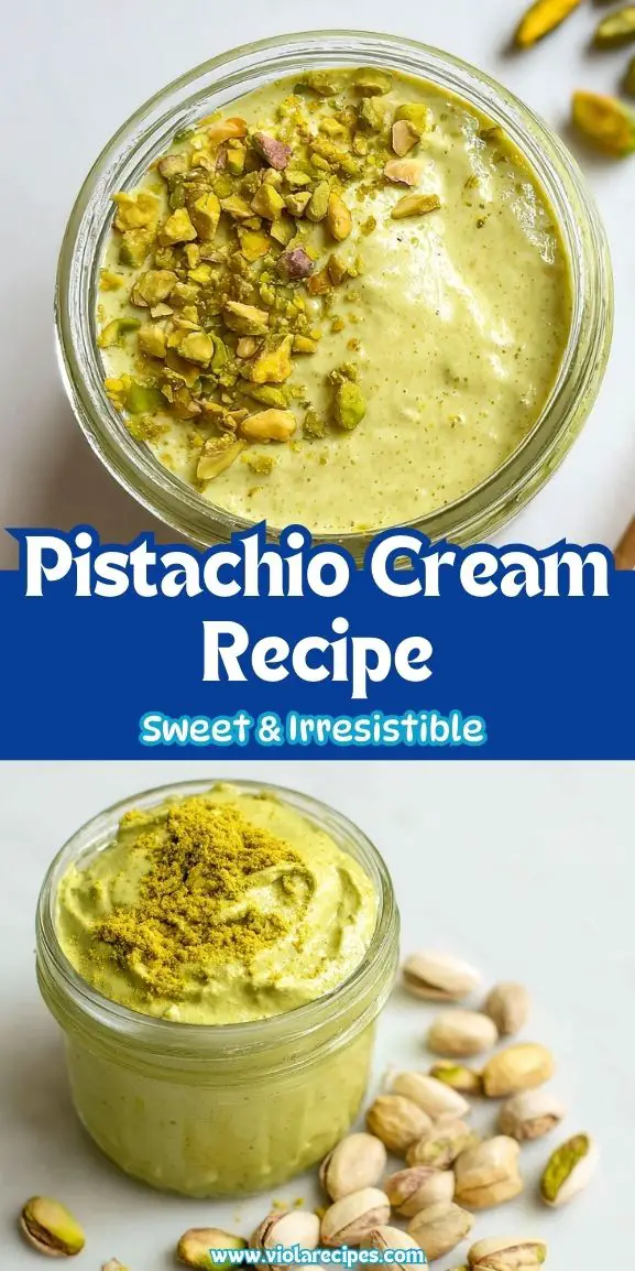 Smooth pistachio cream topped with chopped pistachios, served in a jar for a sweet spread or dessert filling.