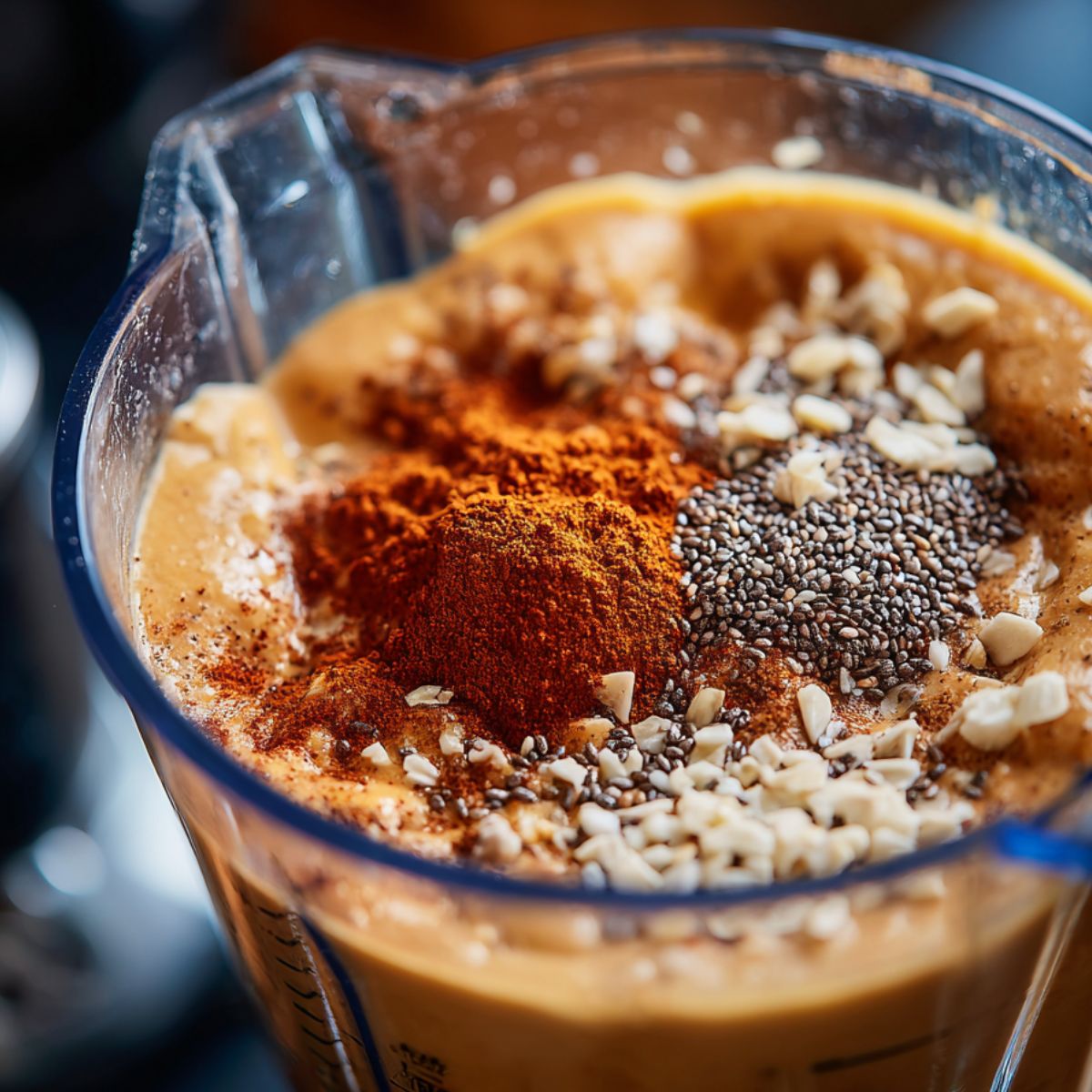Adding spices and chia seeds into blender with pumpkin smoothie