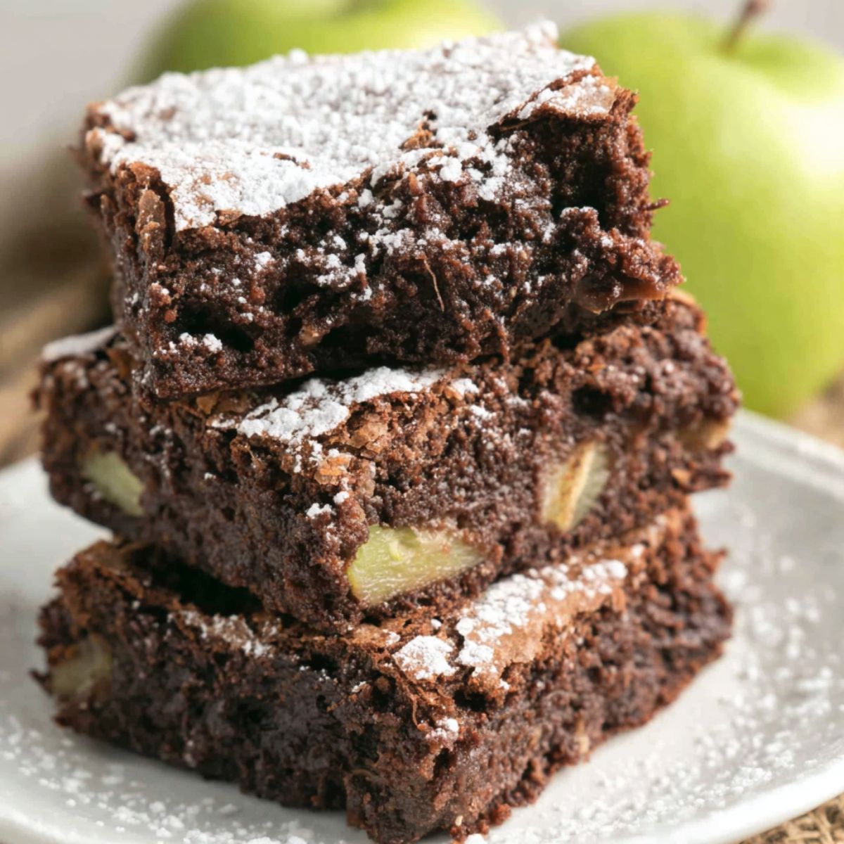 homemade apple brownies cut into rustic squares on a white kitchen counter.