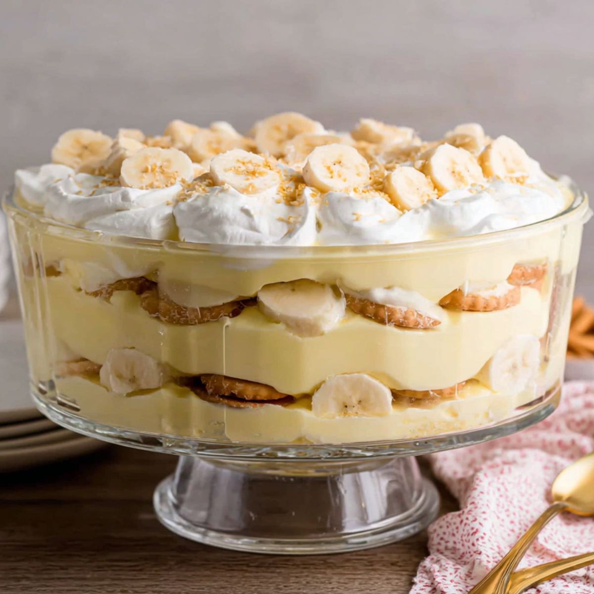 Homemade banana pudding served in a glass bowl on a white kitchen counter