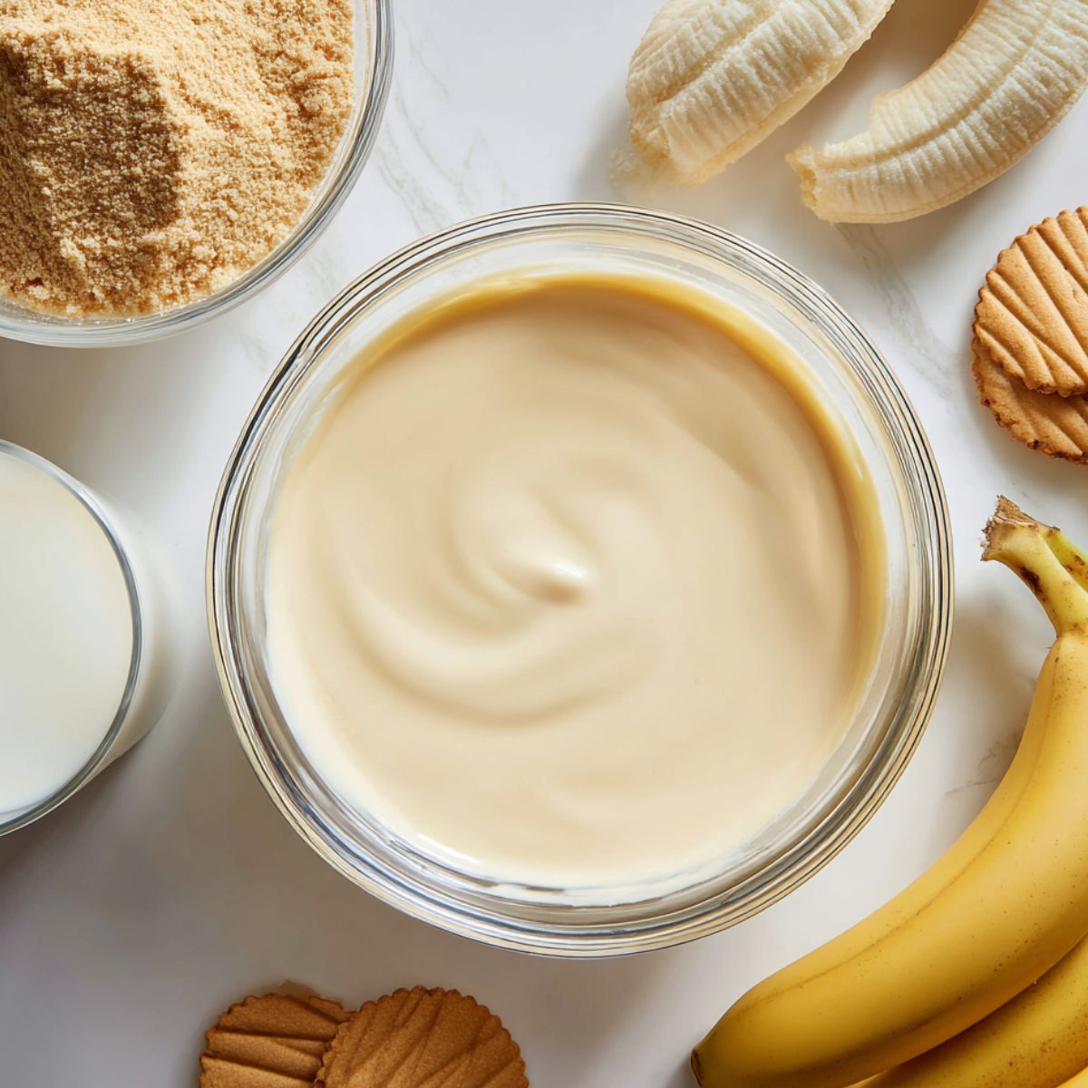 Ingredients for banana pudding laid out on a white kitchen counter
