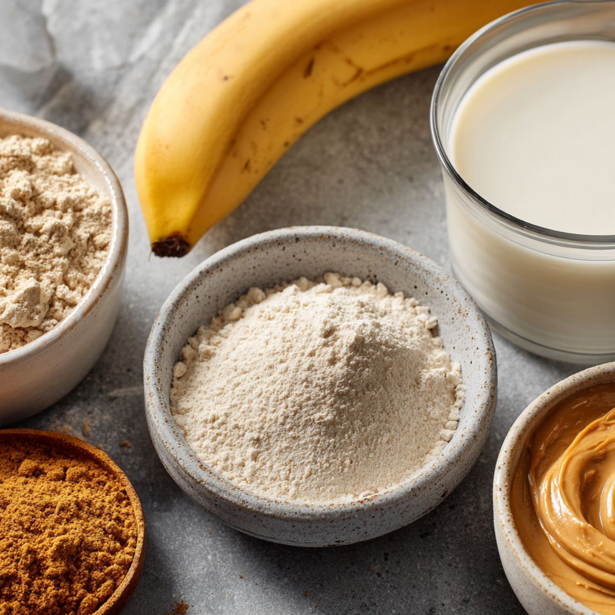 Ingredients for making the best banana protein shake spread on a kitchen counter.