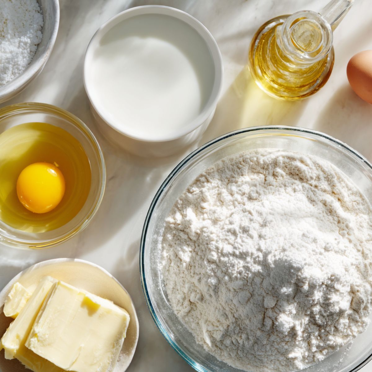 Essential ingredients for homemade French beignets on a white kitchen counter