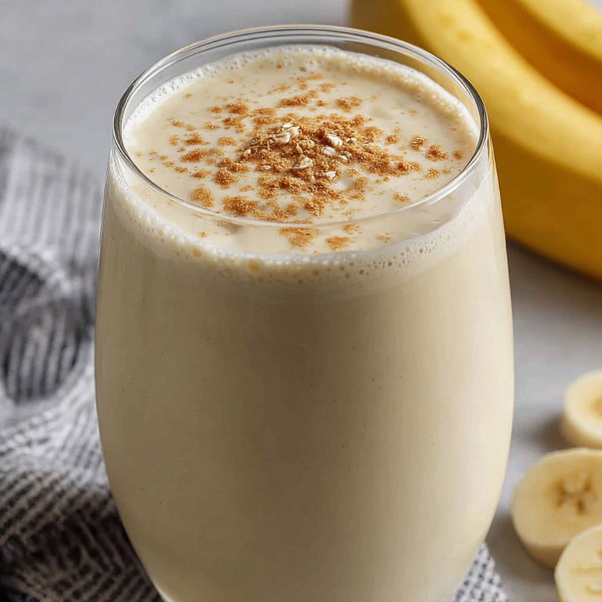 Pouring the best banana protein shake into a glass after blending.
