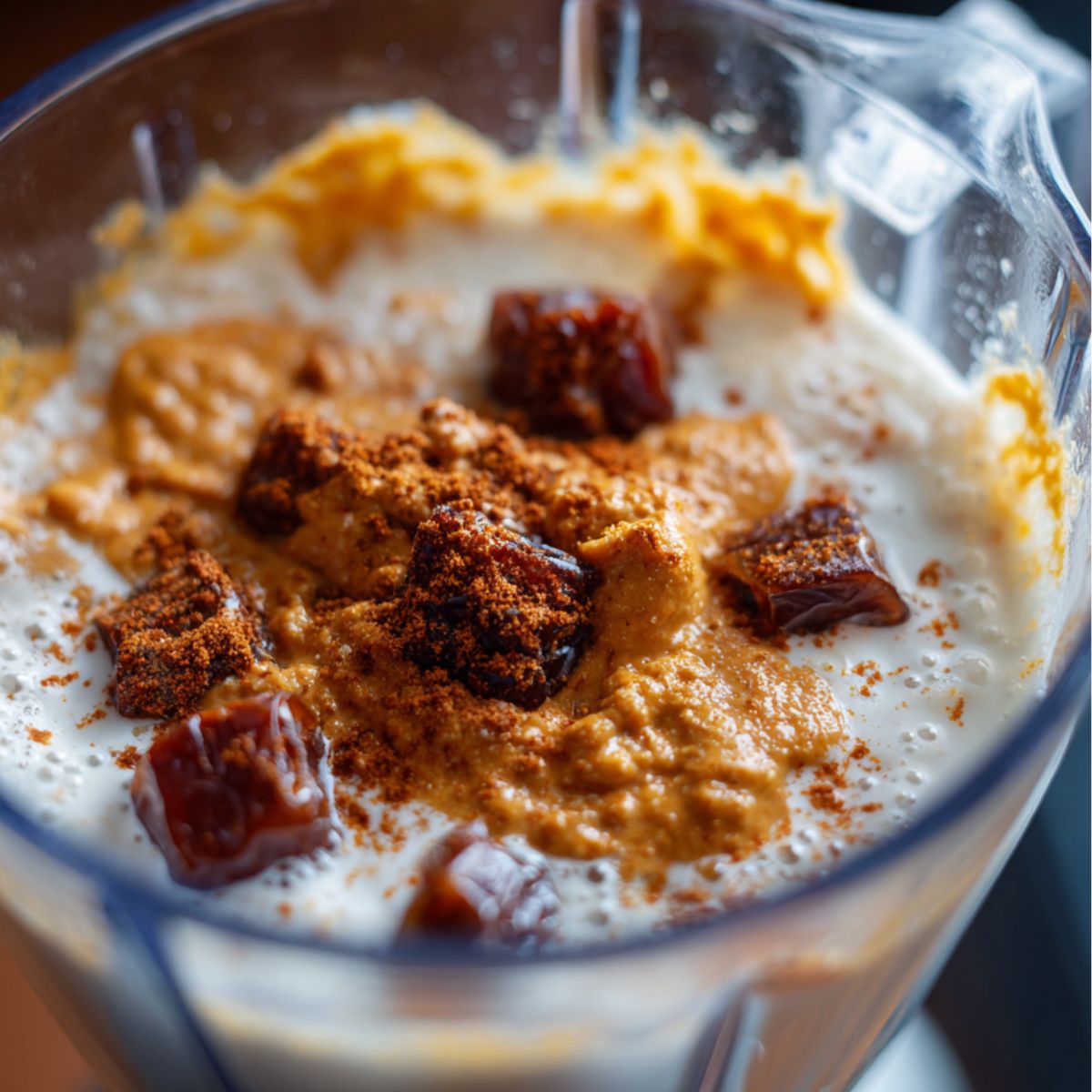 Blender with almond milk, pumpkin puree, and dates before blending