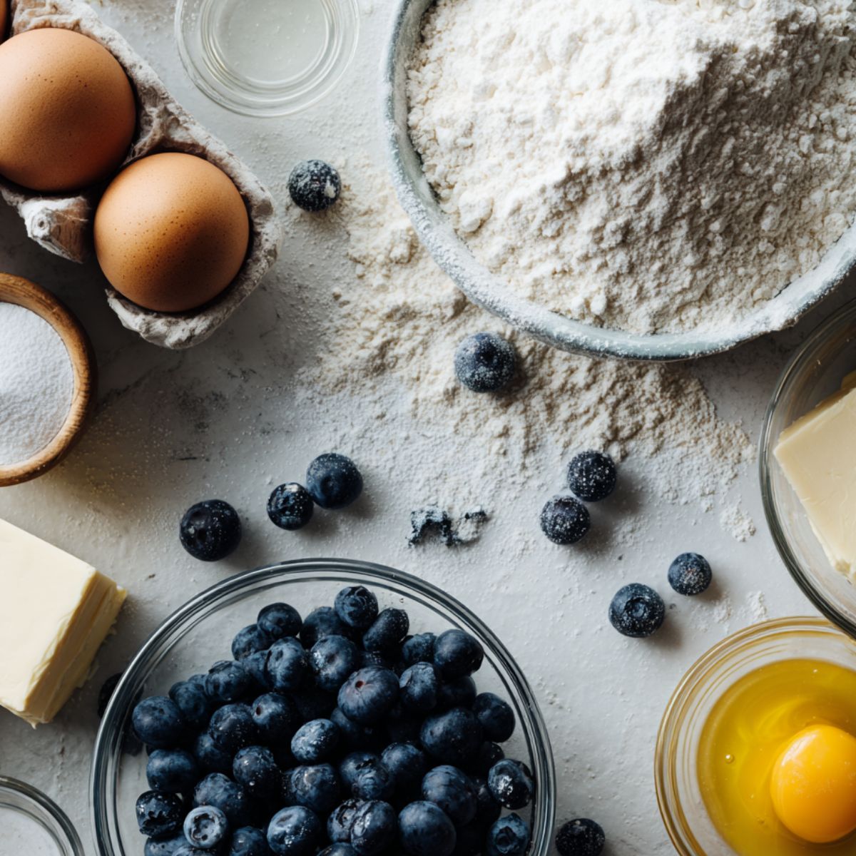 Blueberry donuts ingredients scattered on a white kitchen counter with a cozy homemade vibe