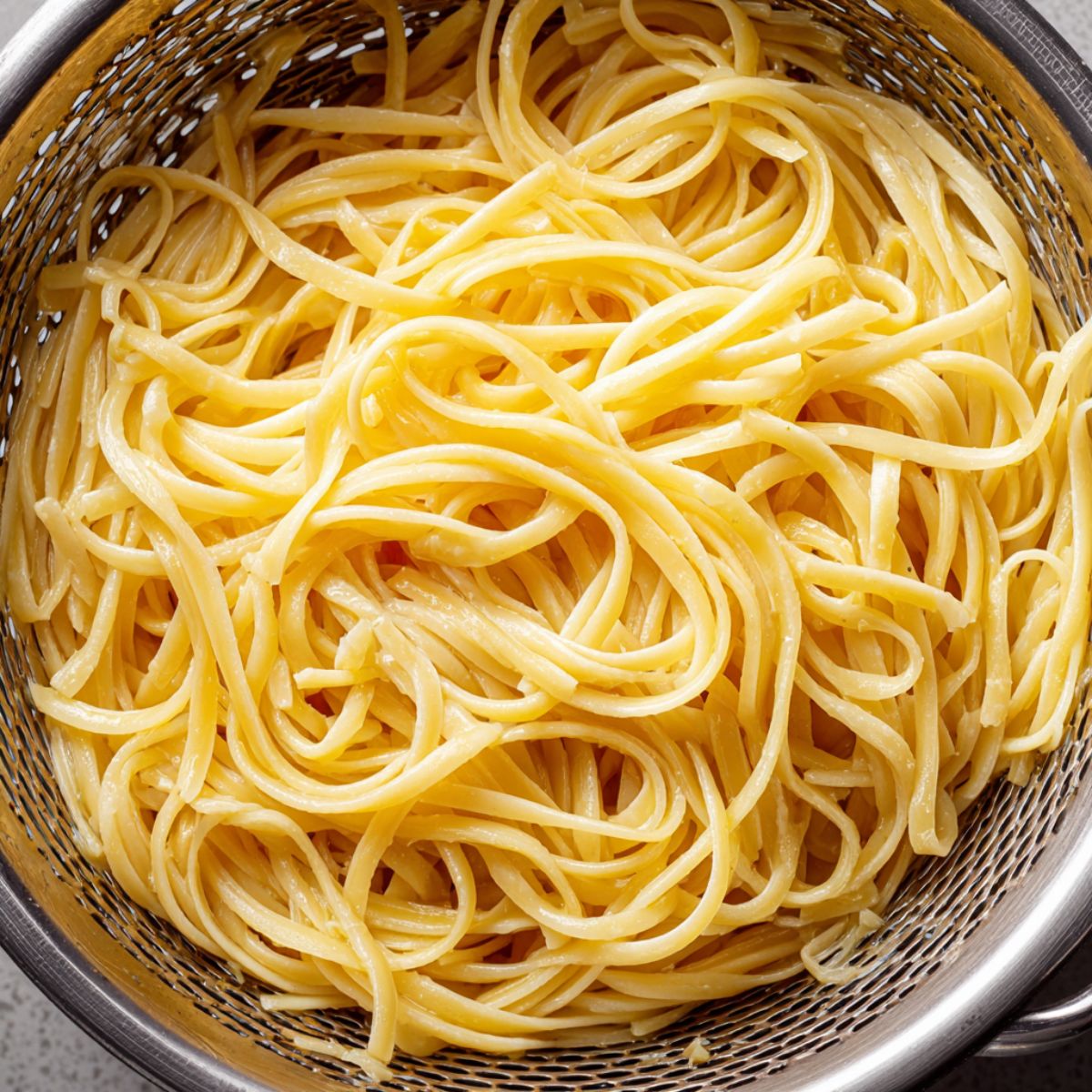 Draining hot pasta in a colander in a home kitchen