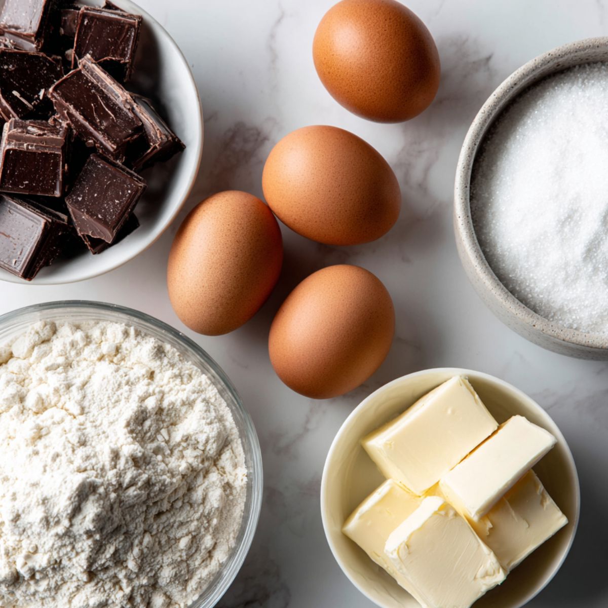 Simple ingredients for homemade brownie cake laid out on kitchen counter