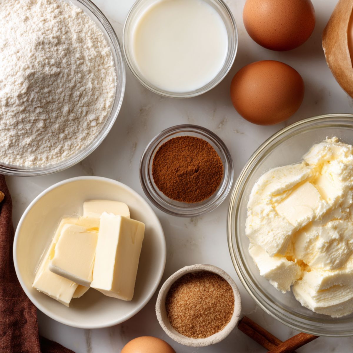All ingredients for cinnamon roll crepes laid out on a counter