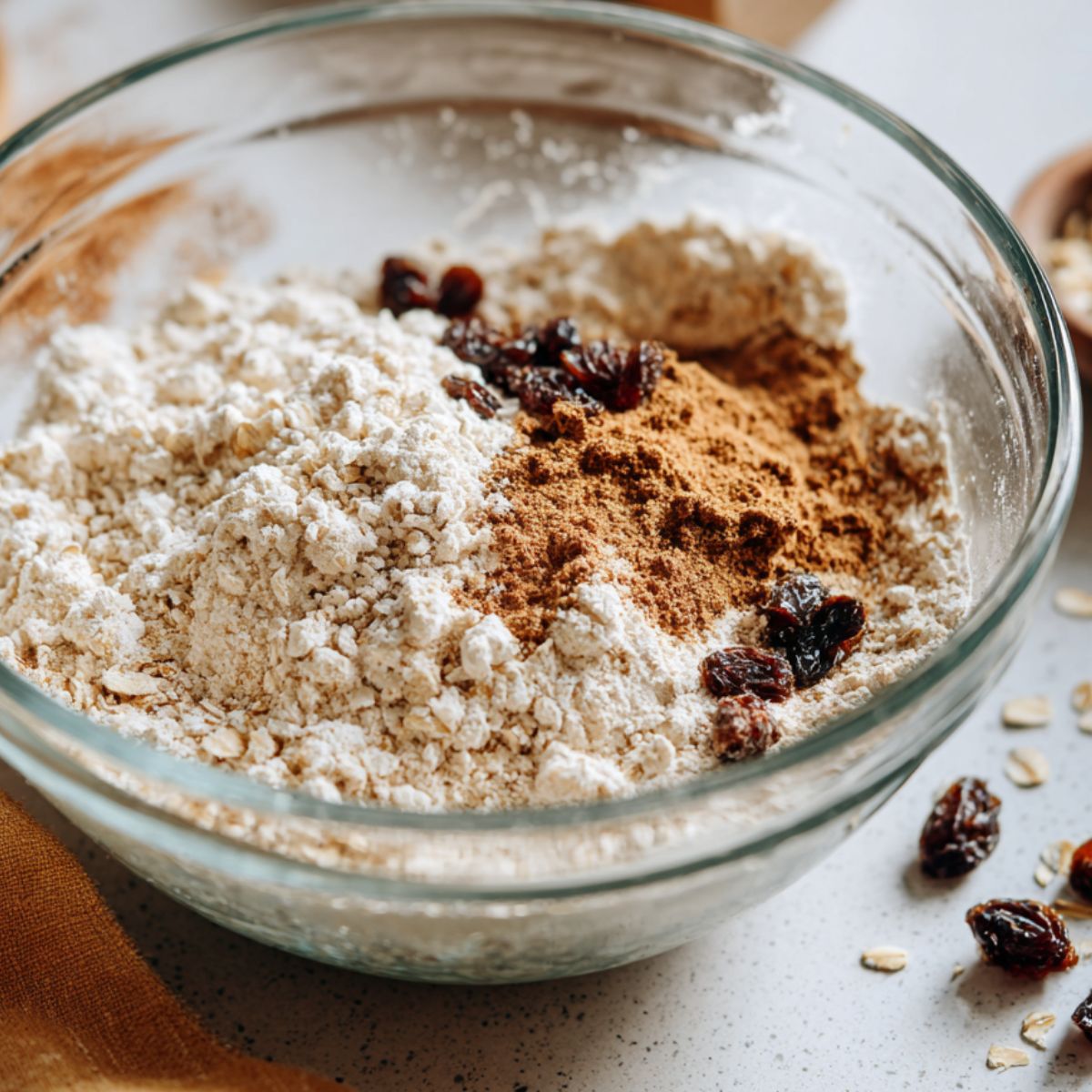Mixing oats, flour, spices, and raisins in a bowl for oatmeal raisin cookies