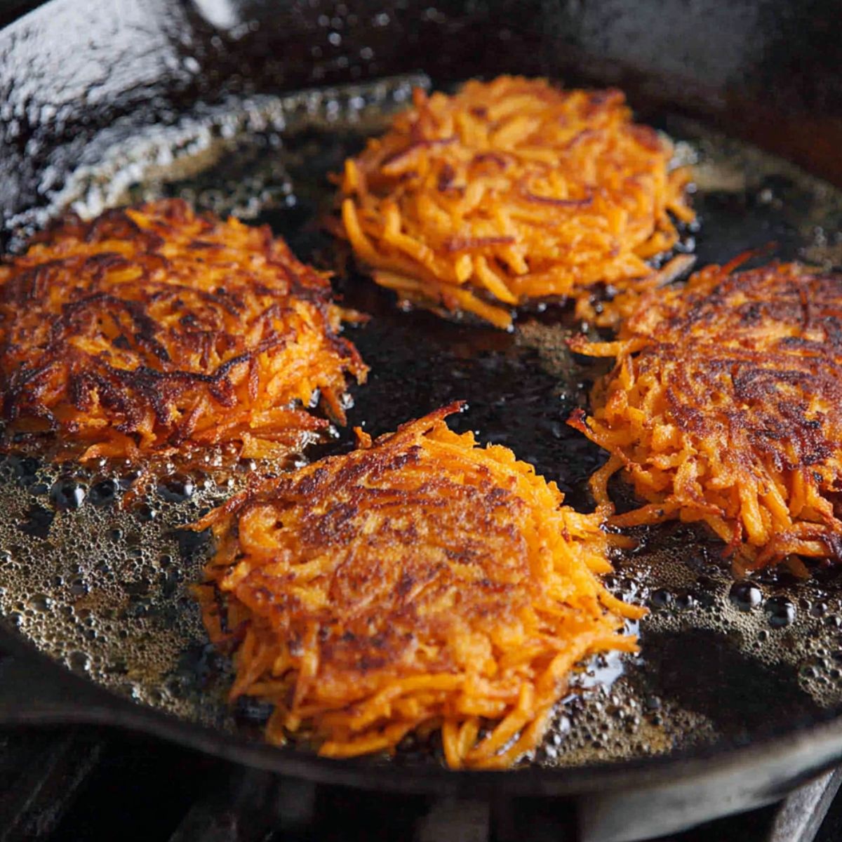 Sweet potato hash browns cooking in a skillet.