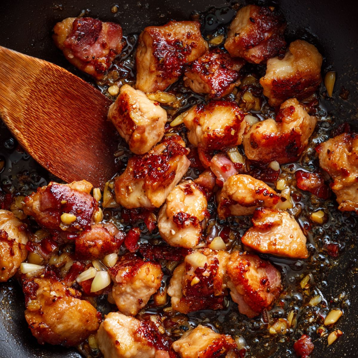 Chicken and bacon sizzling in a skillet with garlic
