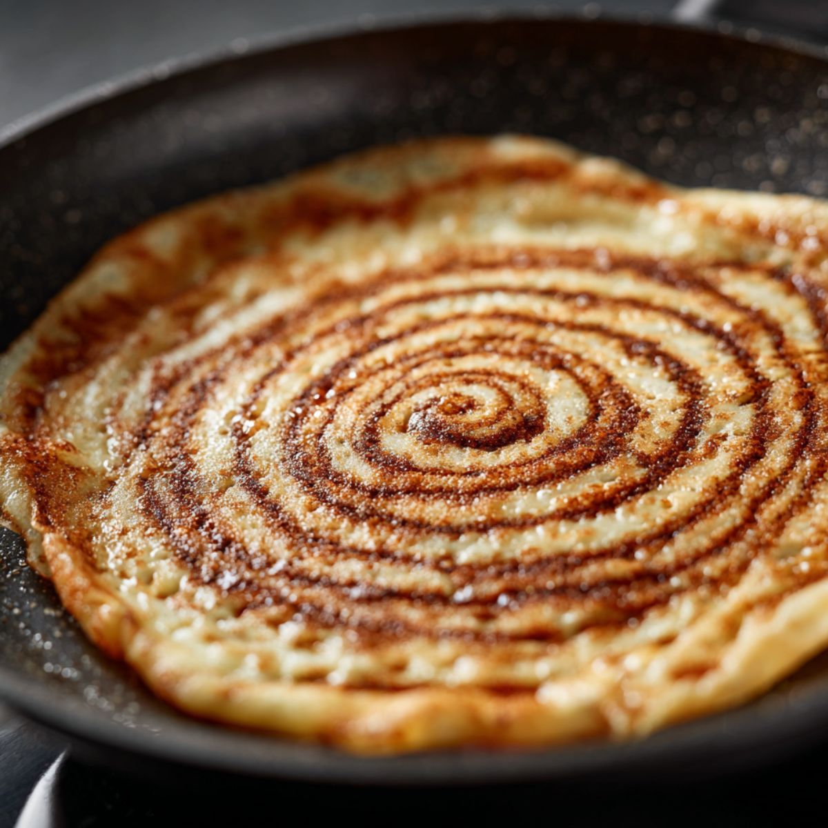 Crepe in pan with cinnamon swirl cooking on stove