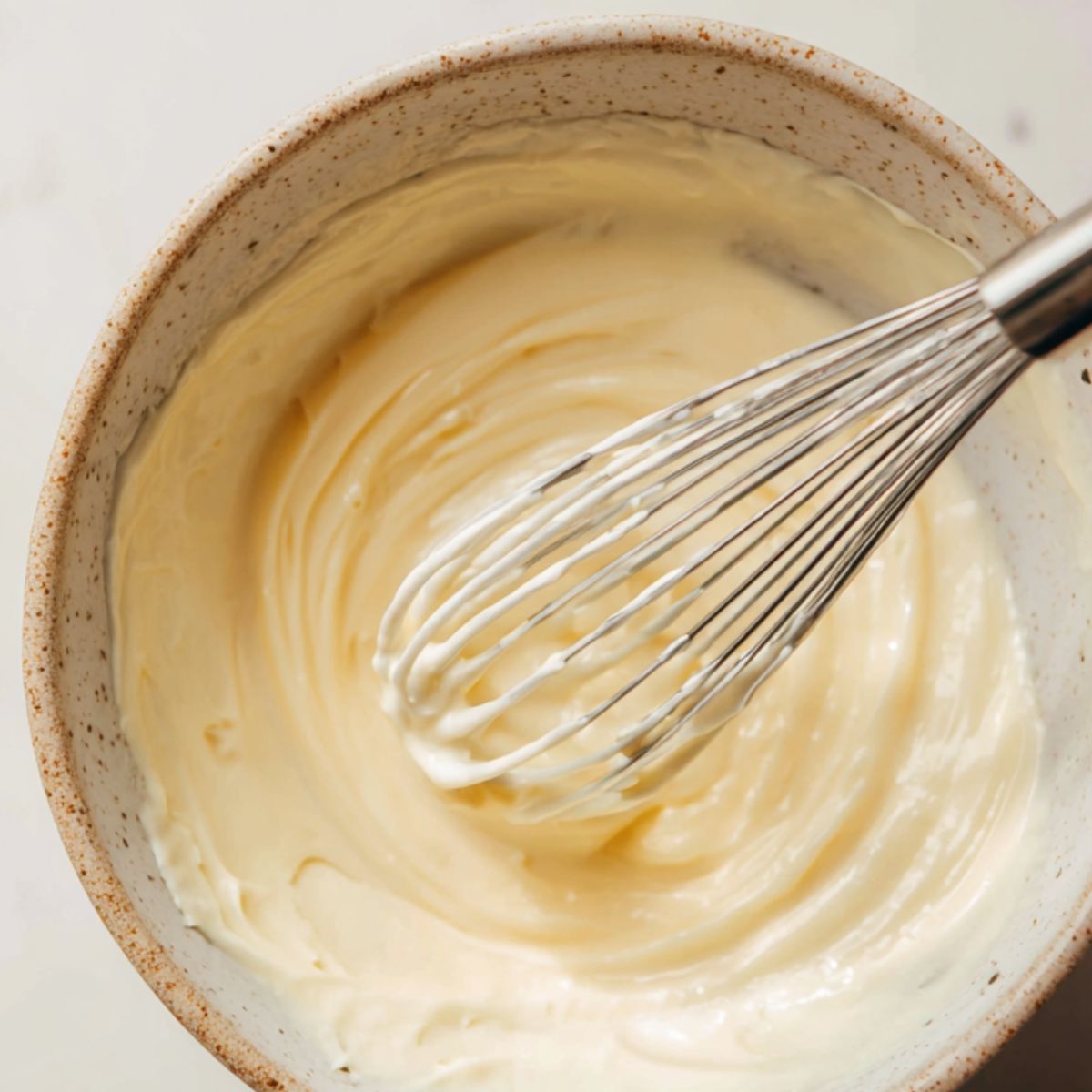 Cream cheese glaze being whisked in a small bowl