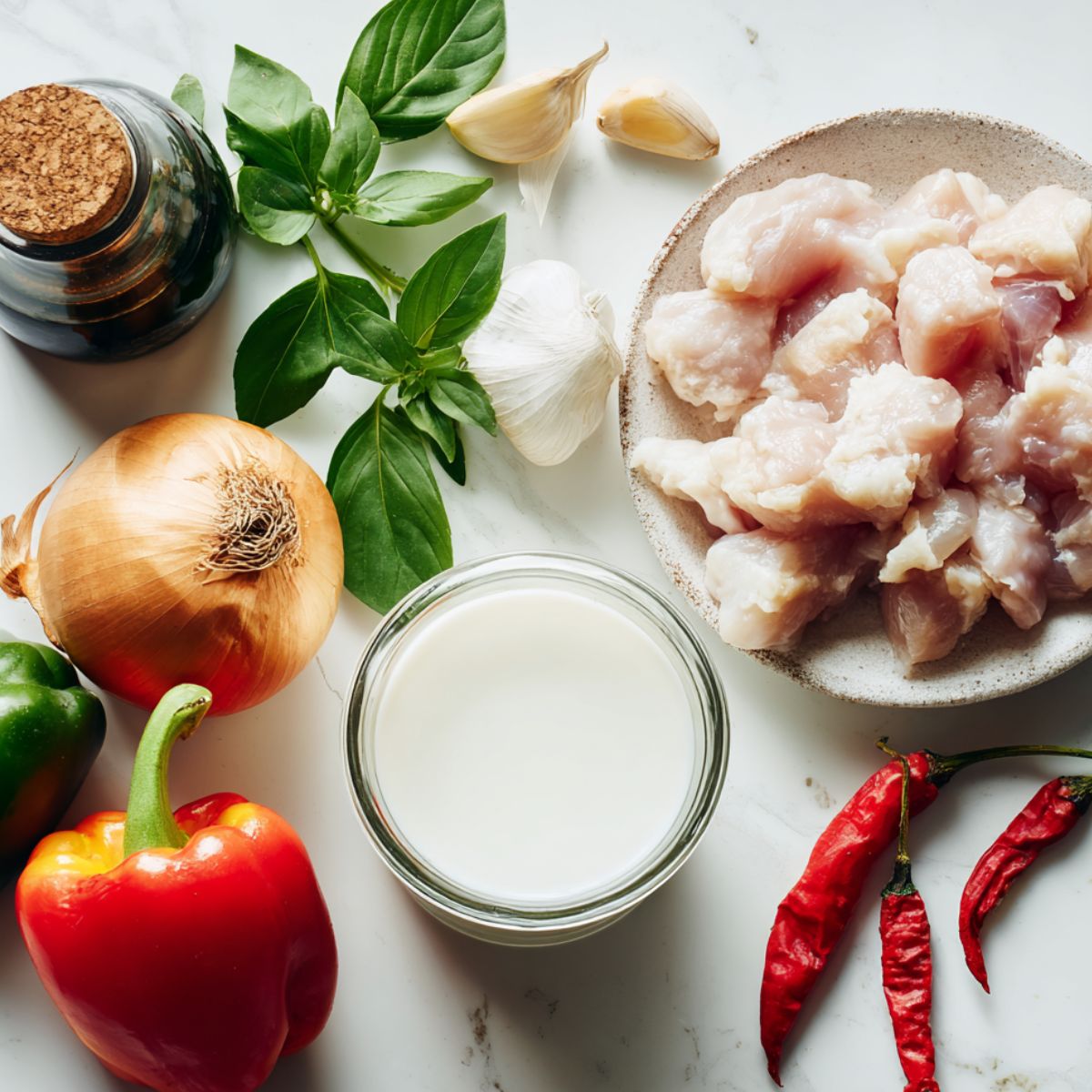 Ingredients for creamy Thai basil chicken spread out casually on a white kitchen counter, including chicken, coconut milk, basil, garlic, onion, bell pepper, and chilies.