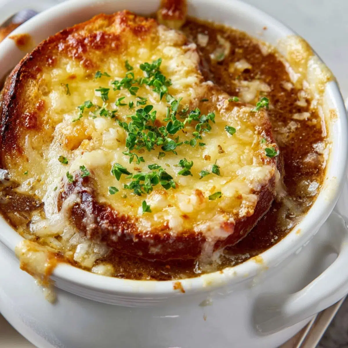 Featured image of crock pot French onion soup topped with melted cheese and bread, photographed from above on a white kitchen counter.