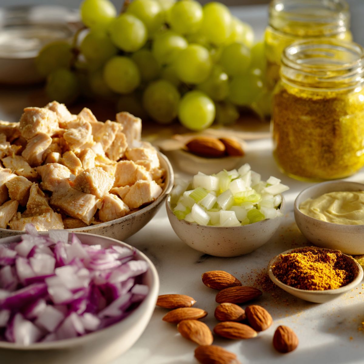 Overhead photo of curry chicken salad ingredients spread on kitchen counter