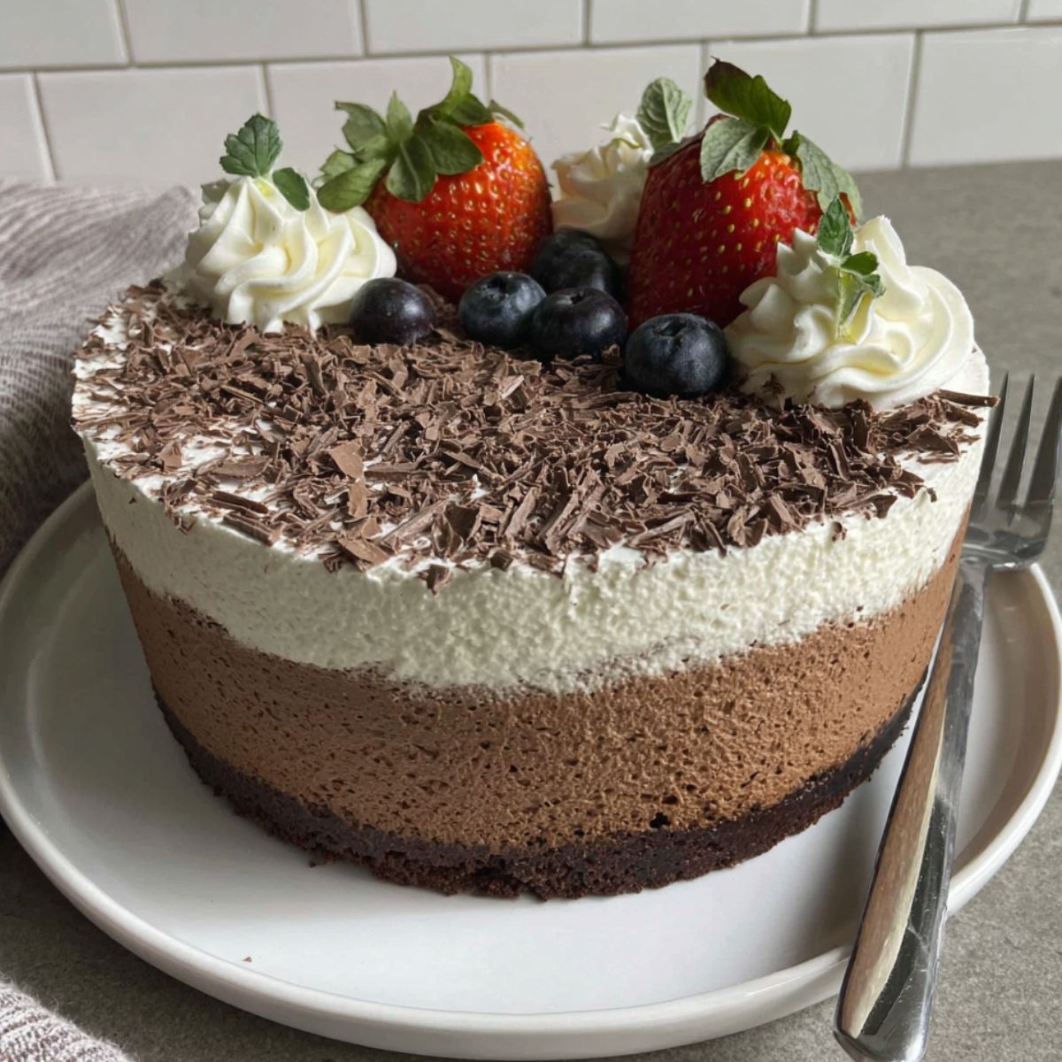 Homemade dark chocolate mousse cake with whipped cream and chocolate shavings, on a kitchen counter.