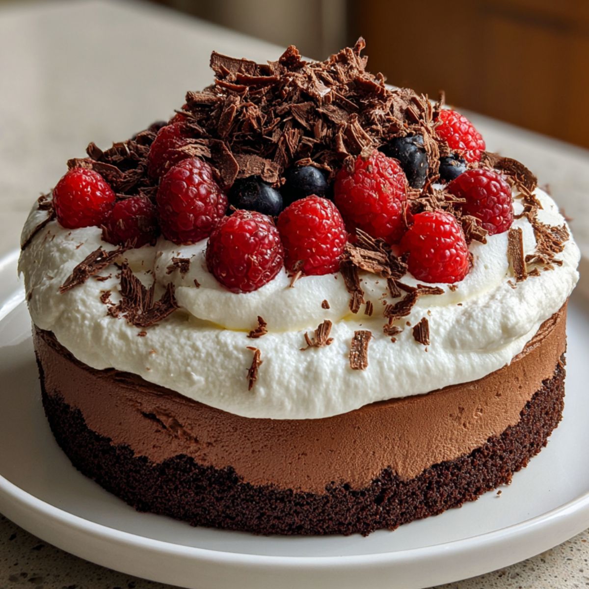 Homemade dark chocolate mousse cake with whipped cream and chocolate shavings, on a kitchen counter.