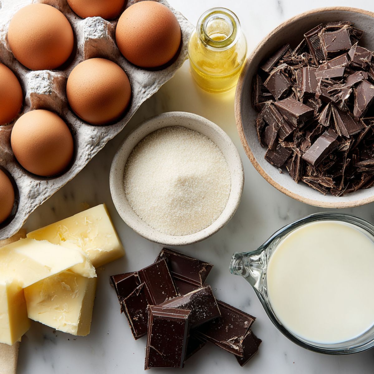 Overhead photo of raw ingredients for dark chocolate mousse cake including chocolate, eggs, sugar, and cream on a white kitchen counter.