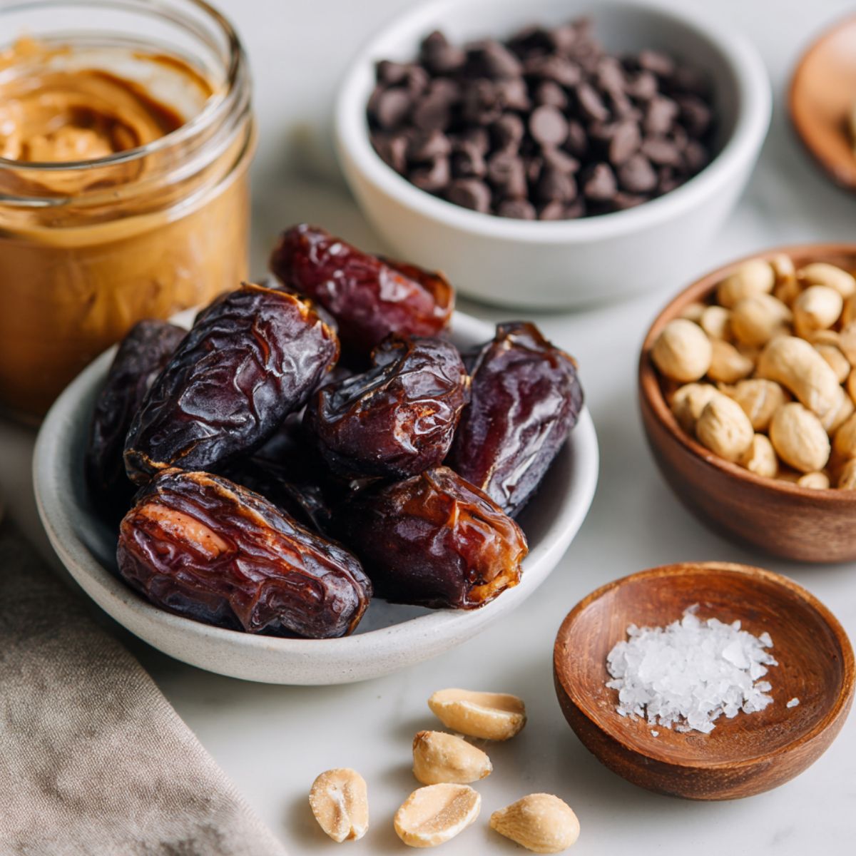 Ingredients for making date snickers bark arranged casually on a white counter