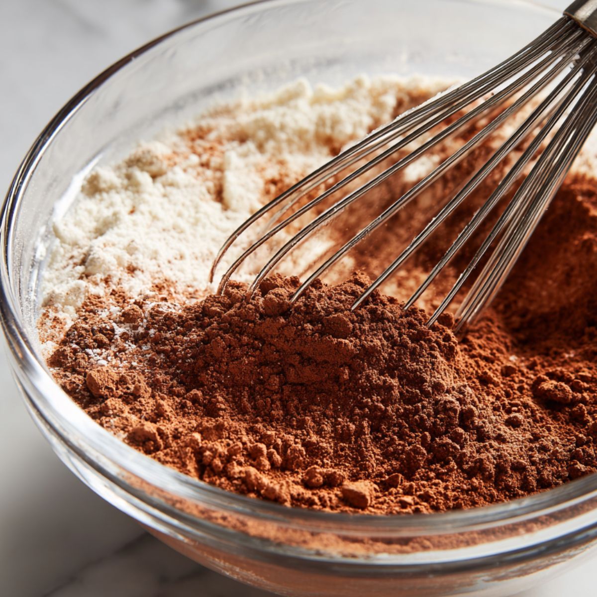 Mixing almond flour, cocoa powder, and protein powder for homemade chocolate protein donuts.