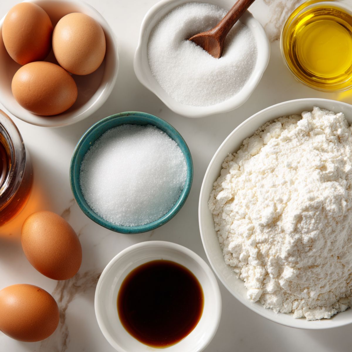 Egg cake ingredients laid out on a kitchen counter