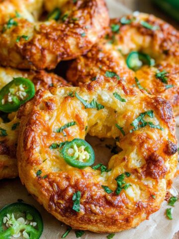 Stack of homemade jalapeño cheddar bagels on a white kitchen counter