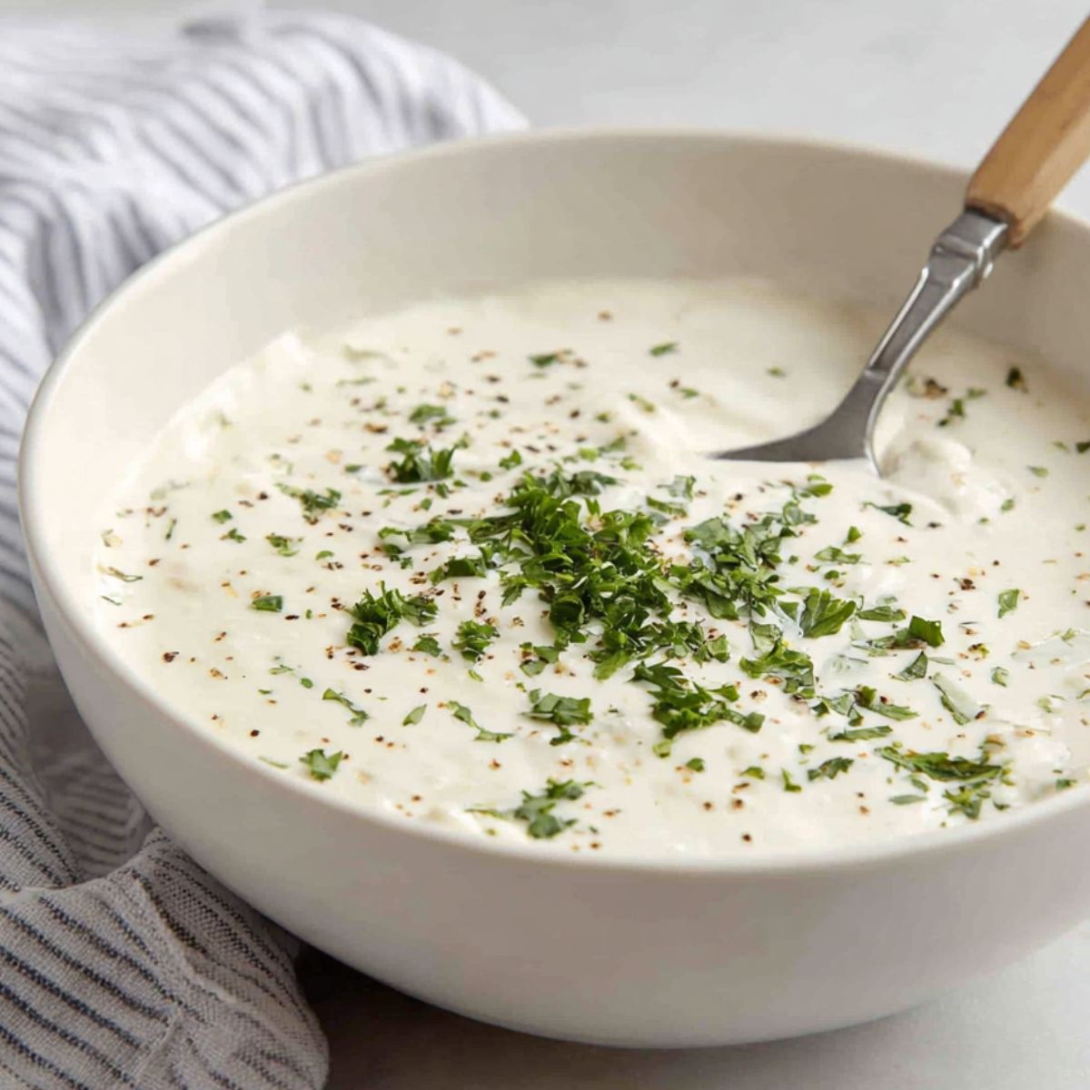  A bowl of Creamy healthy alfredo sauce recipe with parsley garnish on a white counter.