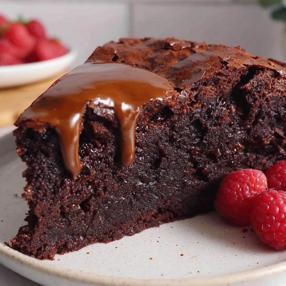  Rich and gooey homemade slice of brownie cake on a white counter
