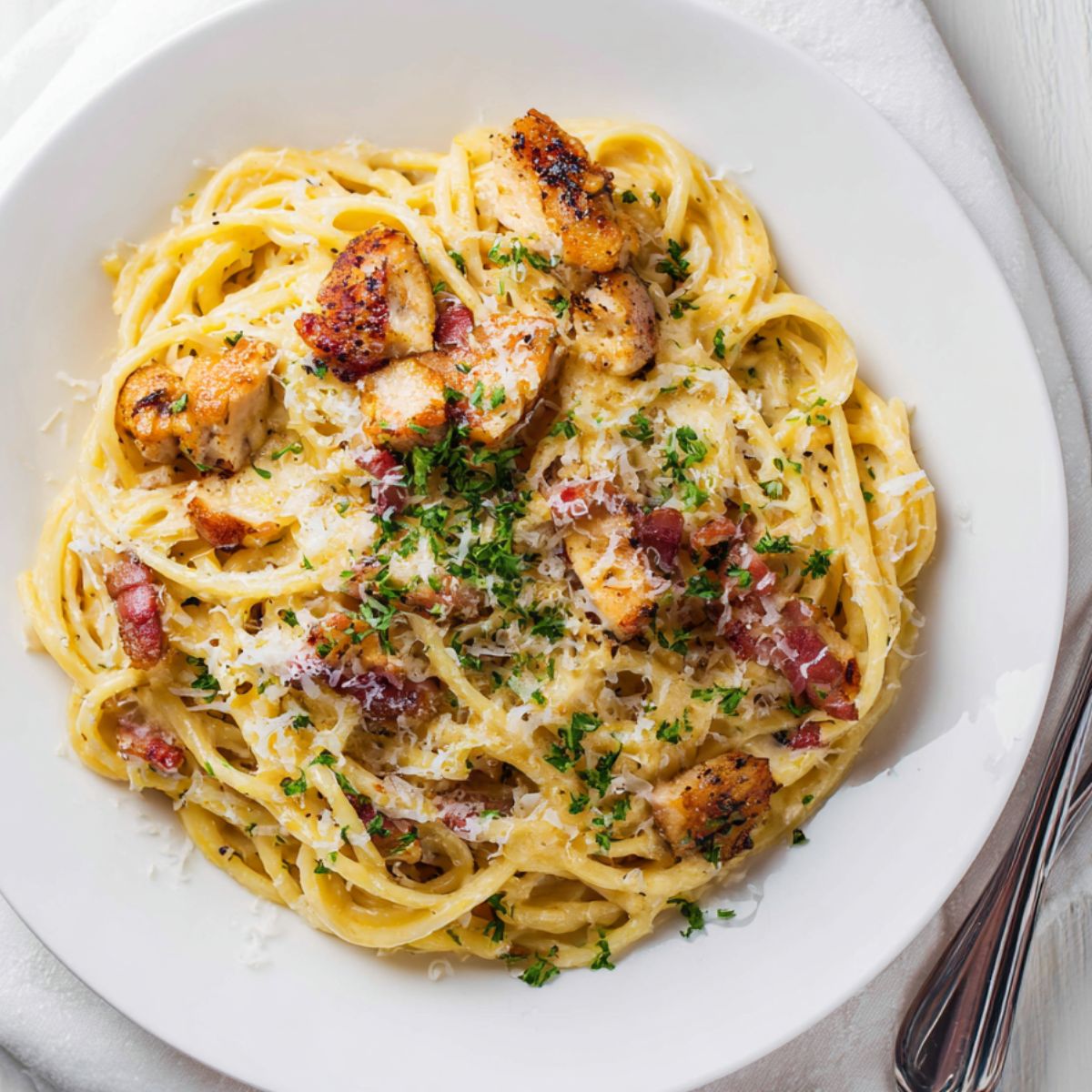hicken carbonara pasta served with crispy bacon and creamy sauce on a white plate