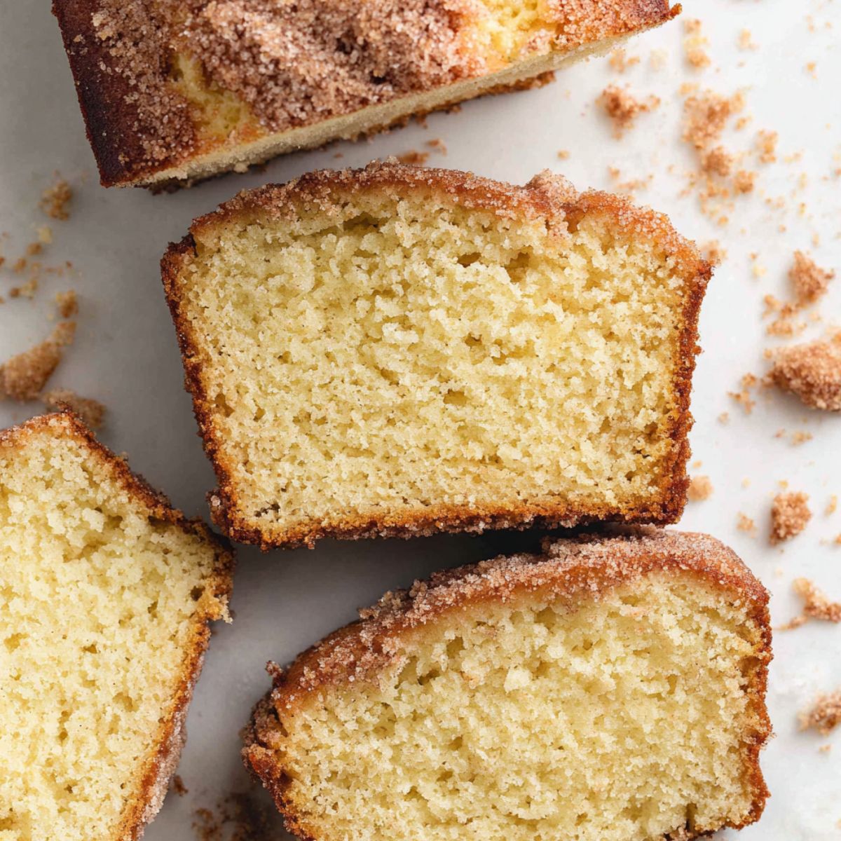 Freshly baked cinnamon donut bread loaf with slices and cinnamon sugar topping on a white counter.