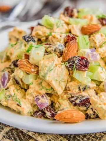 Curry Chicken Salad Recipe in a plate on a kitchen counter